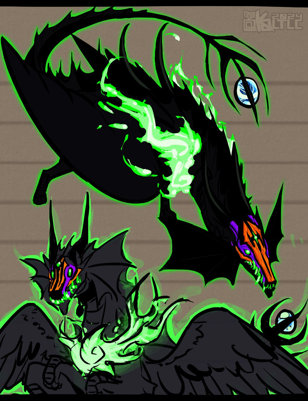 Image depicts two attempts at drawing my savra form.

A mainly black noodle dragon creature with notable points being the green forehead gemstone, green pupilless eyes, orange and purple mask, green jagged teeth, extended horns, fins along the cheeks and down the back to the tail, black collar, green wisp fire from the chest, big feathered wings, and a shiny orb held within the tail claws.

Top one is a top-downish fullbody view, 100% opacity.
Bottom one is a front-slightly side view, lowered opacity to show details better.