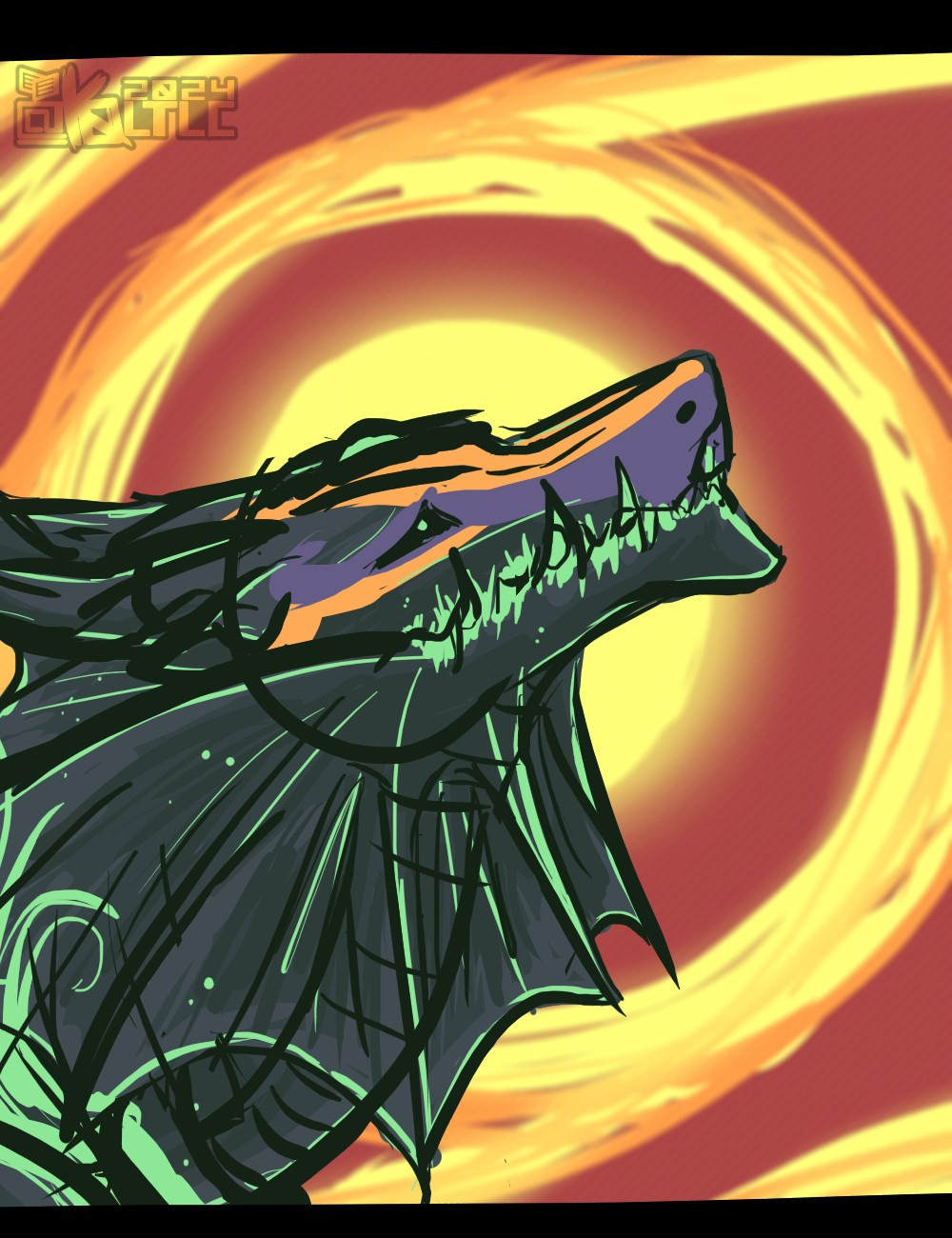 Image depicts a headshot of my savra (noodle dragon ish creature) form emerging from the bottom left and looking up towards the top right.

Mainly black with a green forehead gem, green pinprick pupils against black eyes, an orange and purple mask with ironhand's symbol engraved in it, radioactive jagged teeth, extended horns, fins, collar, and a wisp fire coming from the chest.

Background is mainly red with orange/yellow eye theme; pupil acting as a sort of sun/halo/etc.