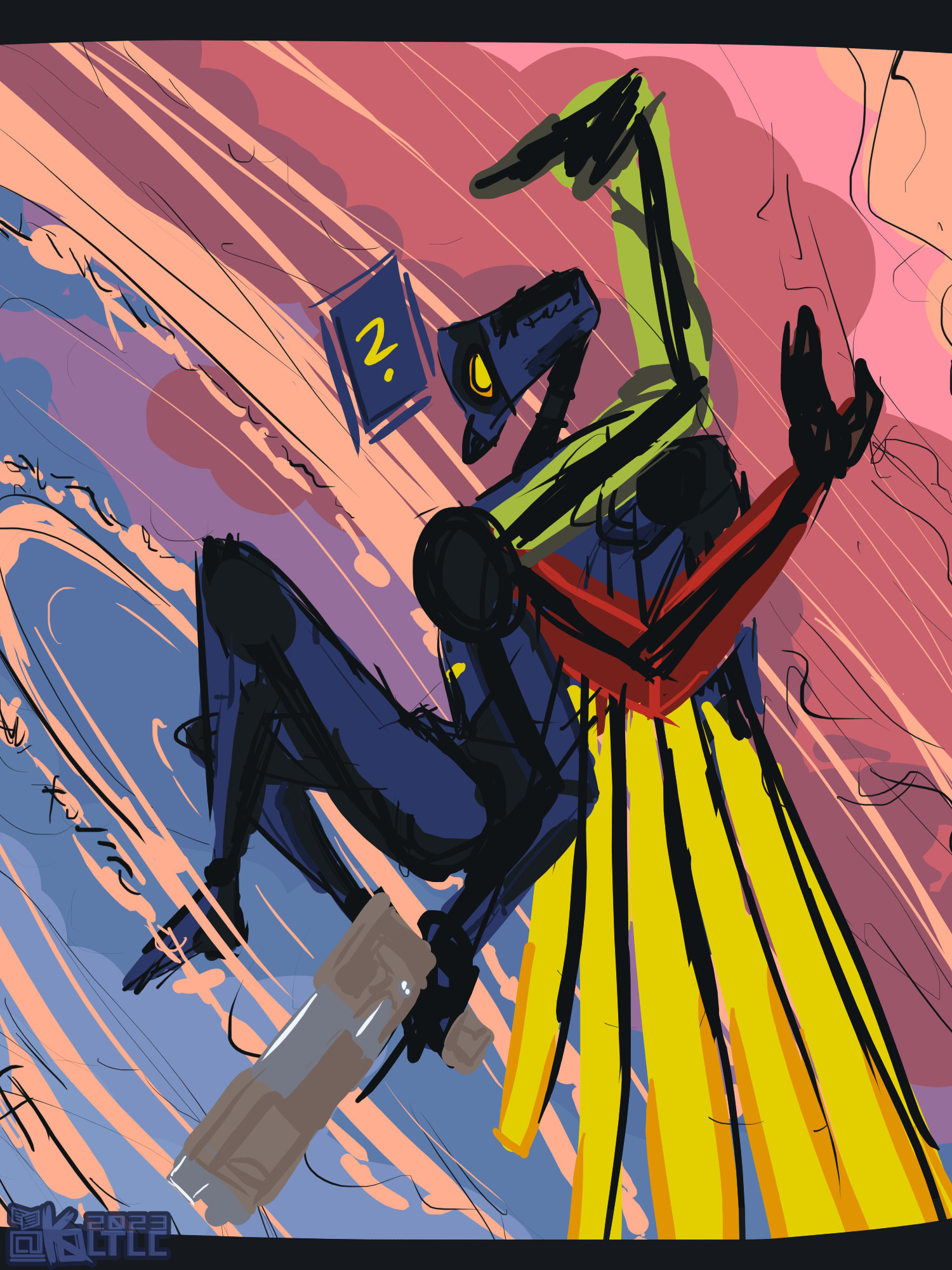 [Image ID]
Image depicts V1 from Ultrakill, a monocular humanoid war machine with a yellow emission from its eye and winglike protrusions. It's holding a shotgun and has the Knuckleblaster (red arm) and Whiplash (green arm) attached.

Sort of a backview, V1 looks over its shoulder towards the viewer. It's raising its legs a bit, floating in what appears to be a cloudy sky of cool blues (bottom left) and warm reds (top right). There's an orange-y ring rippling out from where V1 is floating, like standing in water.

Which way is up? Which way is down? Uncertain.