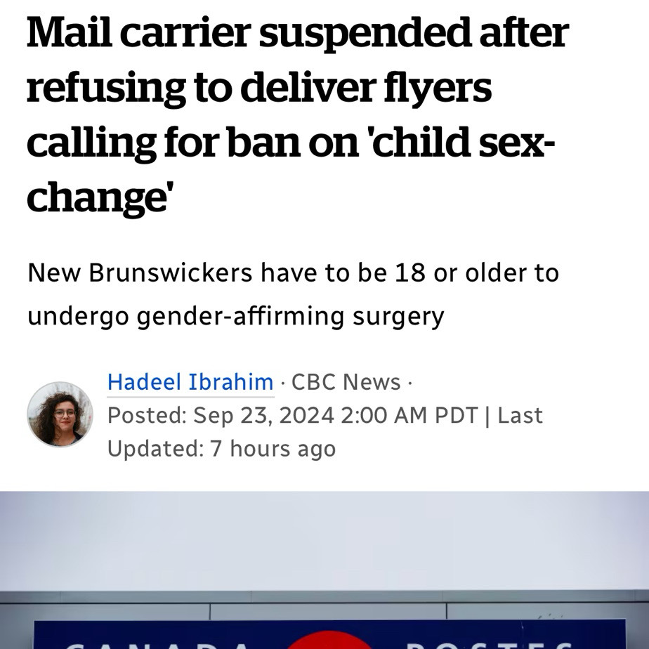 CBC headline reading “Mail carrier suspended after refusing to deliver flyers calling for ban on 'child sex-change'”