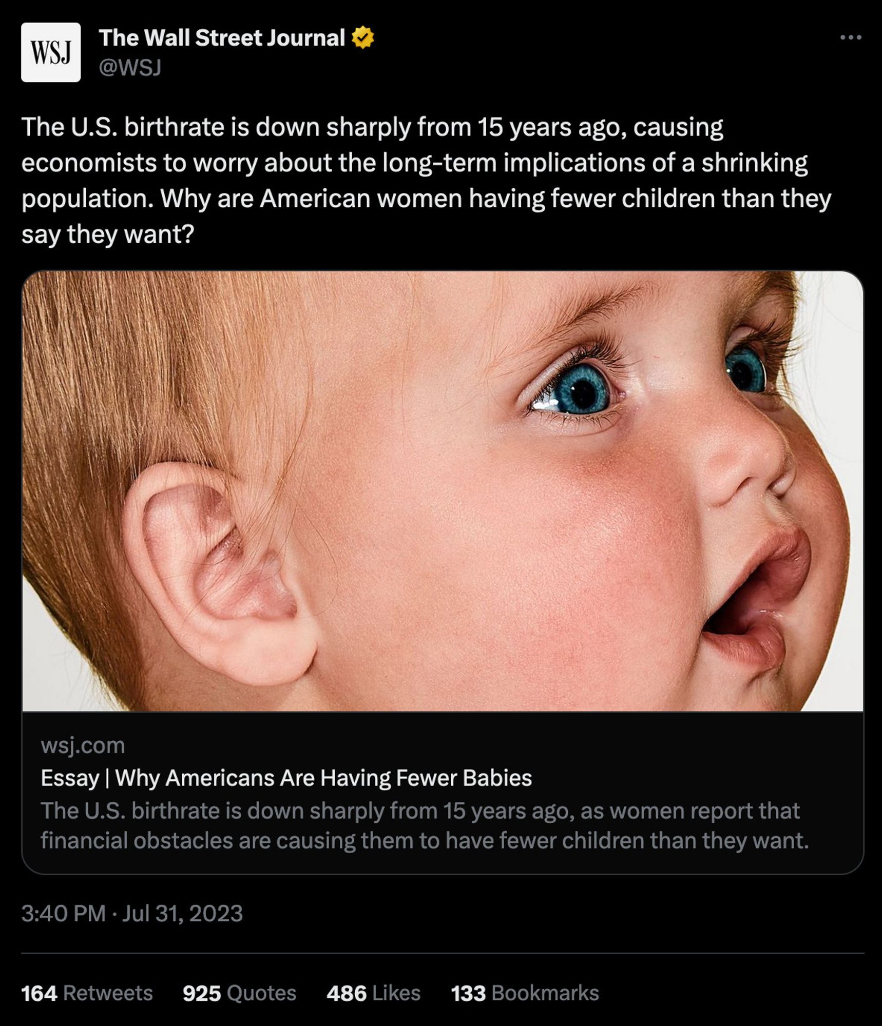 Wall Street Journal tweet reading: "The U.S. birthrate is down sharply from 15 years ago, causing economists to worry about the long-term implications of a shrinking population. Why are American women having fewer children than they say they want?"