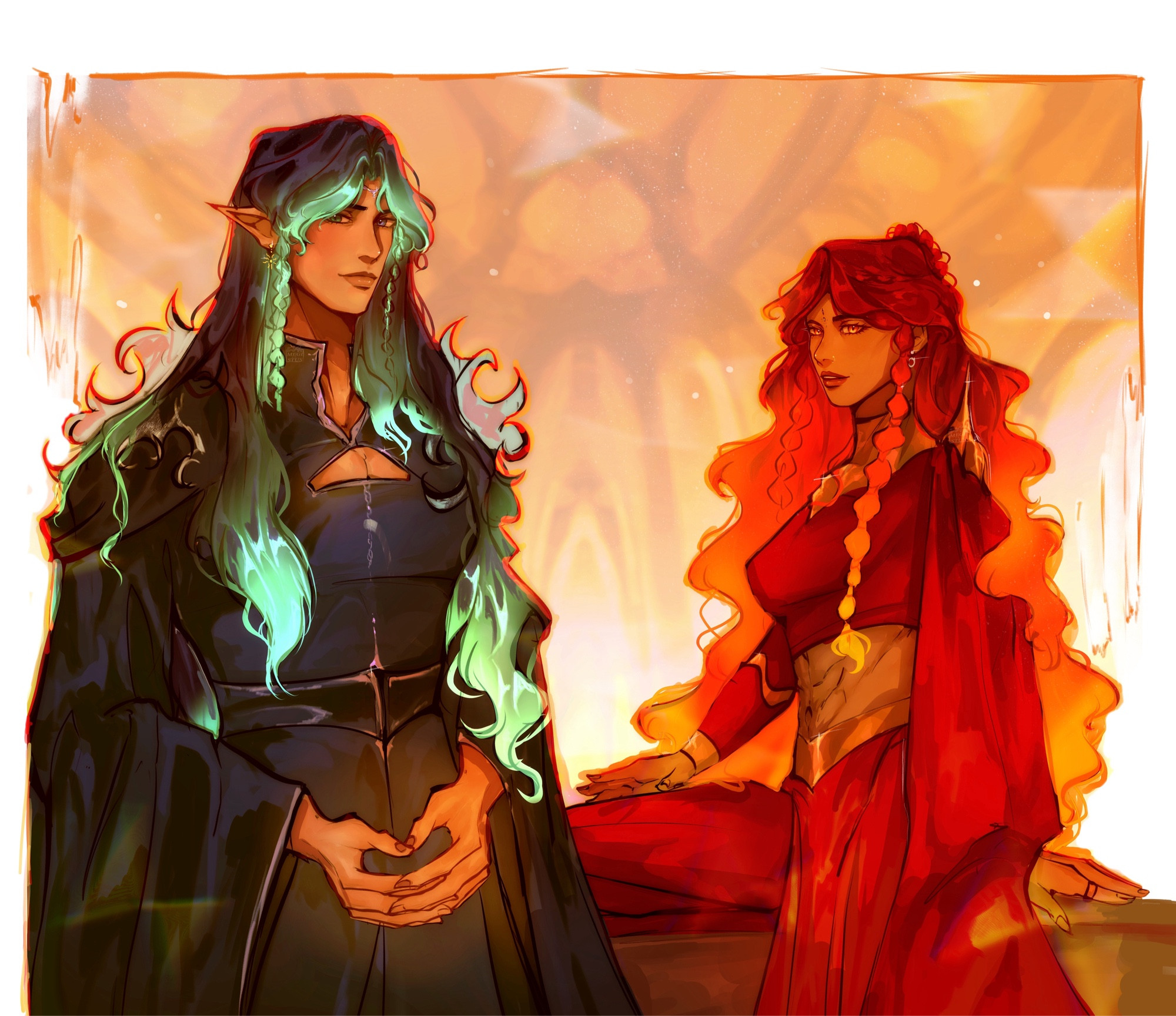 My original characters, Aleron (on the left) and Bhargavi (on the right). Aleron is standing and looking forward with a smile,while Bhargavi is sitting behind him and also looking forward with a smile. Aleron’s colour palette is his usual blue and cyan but underneath warm orange lighting. Bhargavi is with her red and gold colour palette. The hues in this drawing are primarily orange, white, red, blue, green and gold.