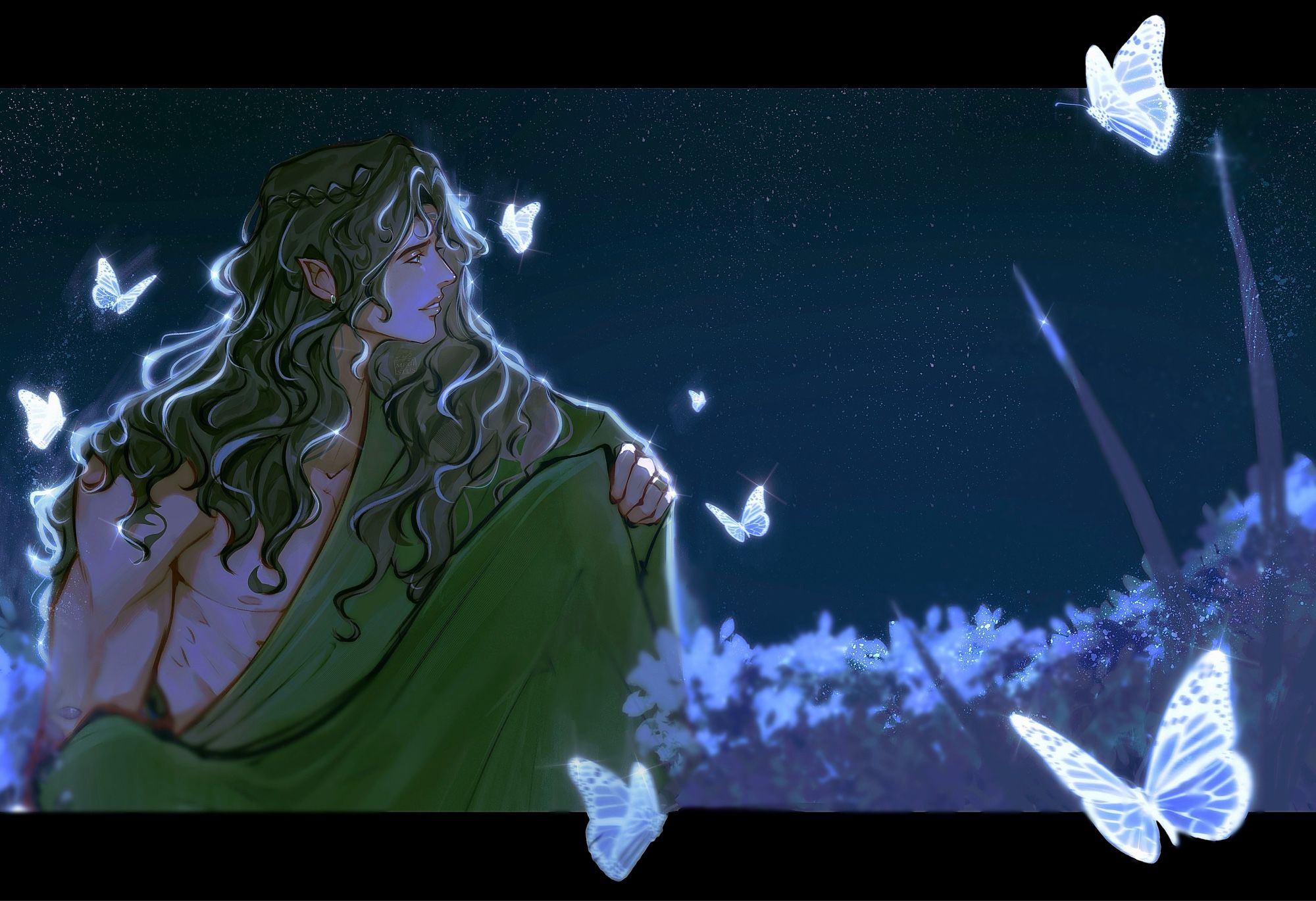 My original character Viridian, sitting on the ground surrounded by blue blushes and glowing blue butterflies, underneath the night sky. He has long black hair with white highlights here and is wearing a green tunic. He’s smiling while looking at a butterfly in front of him.