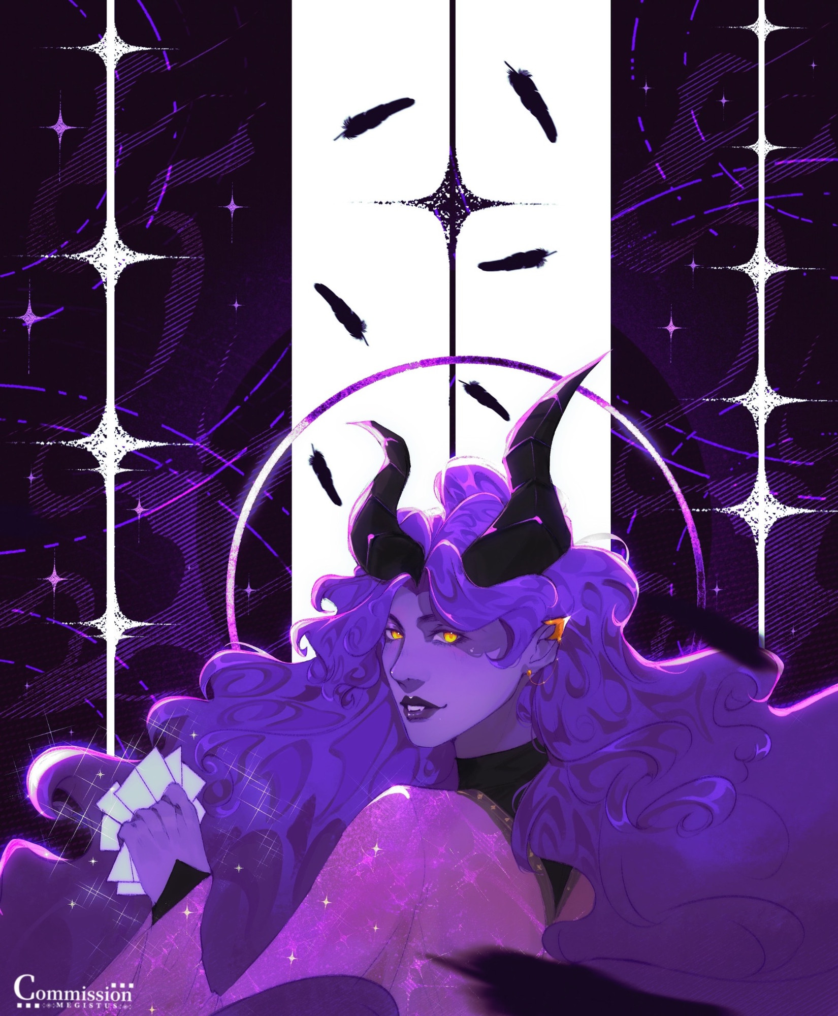 A portrait illustration of Kay/Ganondick's character on VGen, Cherish. She has long wavy purple hair, purple skin, golden eyes, two black horns and pointy ears. She is looking over her shoulder with a mischevious look and a deck of cards in her hand. Behind her is a purple and white background, filled with sparkles, lines, circles and black feathers.