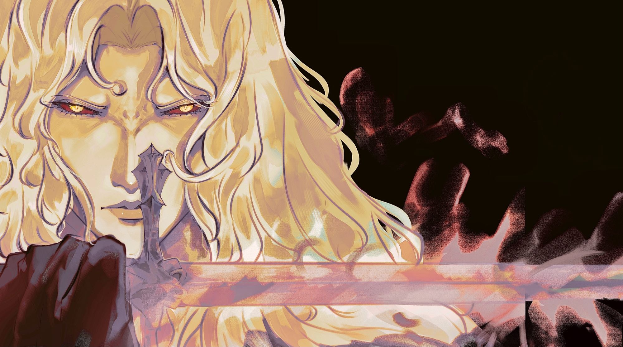 Fanart screencap redraw of Alucard from the Castlevania:Nocturne teaser trailer when him holding up his sword.