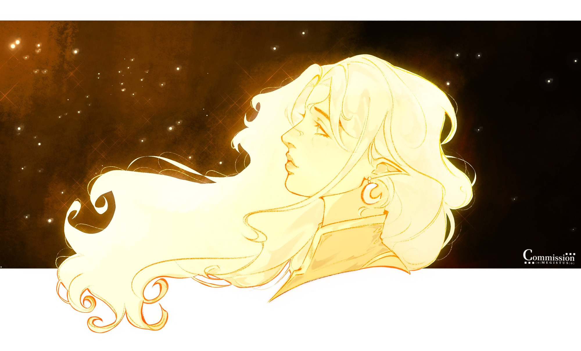 A portrait illustration of @malizias 's character, Eden. She is looking towards the left with a soft expression on her face and her hair flowing towards the left. She is coloured in a glowly golden hue with a brown background behind here. There are small golden specks in the background.