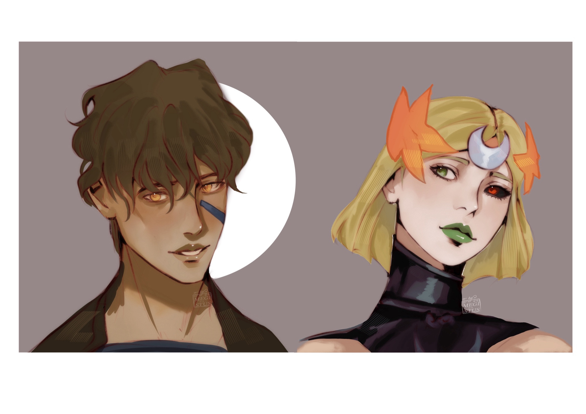 Fanart of Icarus (right) and Melinoe (left) from Hades 2. These are quick coloured portrait sketches with flat colours and minimal shading. Icarus has a tan complexion with golden eyes and brown hair with a blue mark/bandage on his right cheek. Melinoe has pale fair skin with blonde hair, green lips, left eye is green while the right is red with black sclera. She has a crest moon headpiece located on her forehead and on the sides of her head are laurels that have an orange-yellow gradient. Icarus is smiling while looking forward, Melinoe is smiling while looking up towards her left.