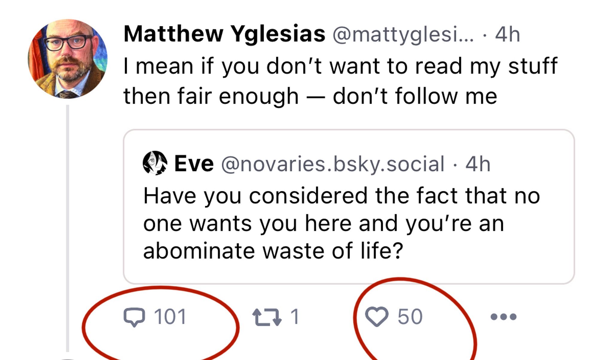 A picture Matthew Yglesias getting ratio’d hard here on Bluesky