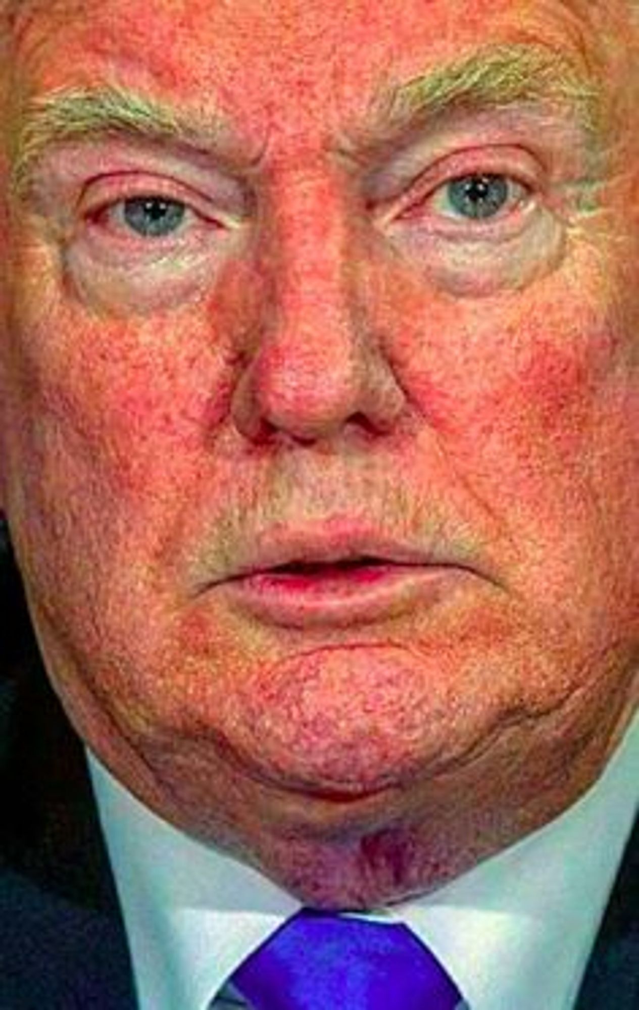 Photo of Trump's face, seemingly without any make-up, red spots everywhere, sagging chinflap and just looking old, staring straight into the camera with watery completely soulless eyes, showing not a shred of empathy or sympathy with anything in the world and thereby perfectly reflecting his disgusting inner being.