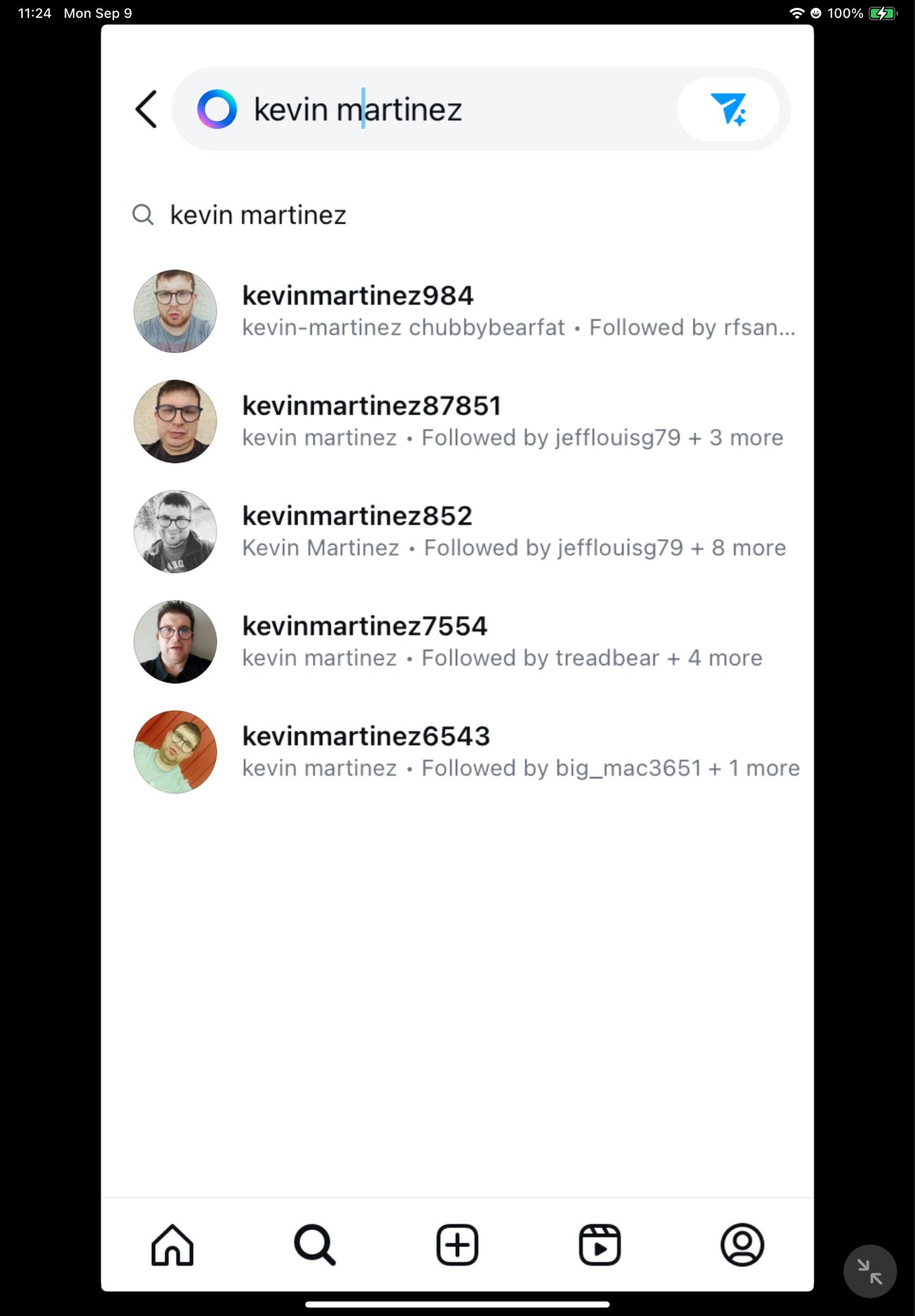 Instagram entry showing multiple Kevin Martinez accounts.