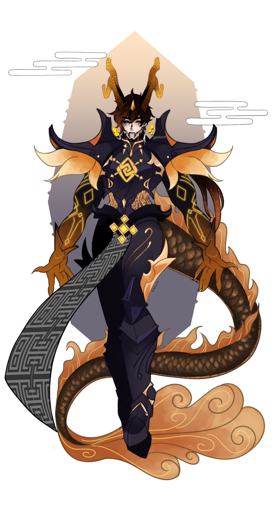 Fan design of an Abyss-themed Genshin Impact character named Zhongli. Looks more dragon like with an armor and various abyss and Liyue symbolisms from the game