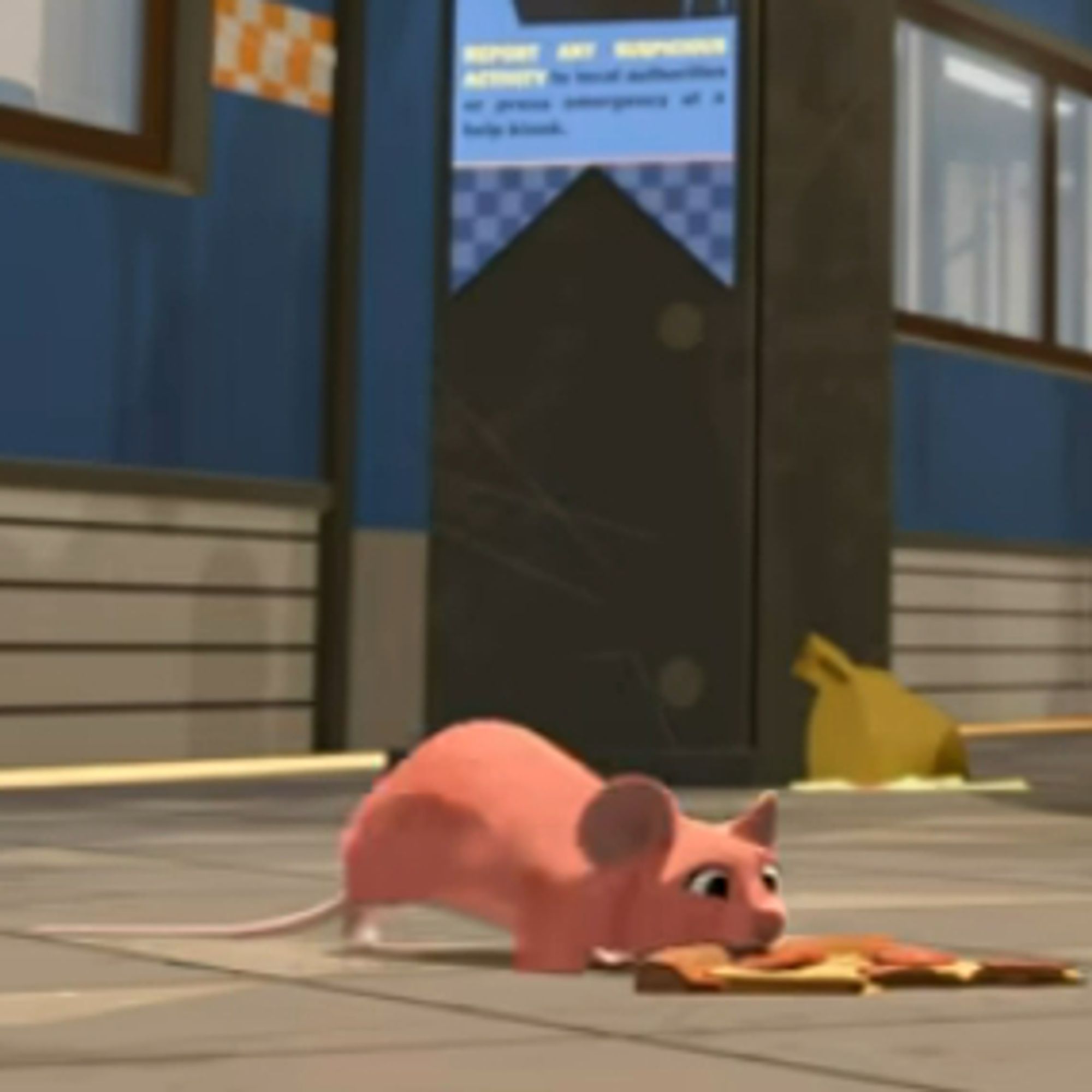 Still from the animated movie Nimona of the eponymous character shapeshifted into a pink rat, dragging a discarded pizza slice across the subway station floor.