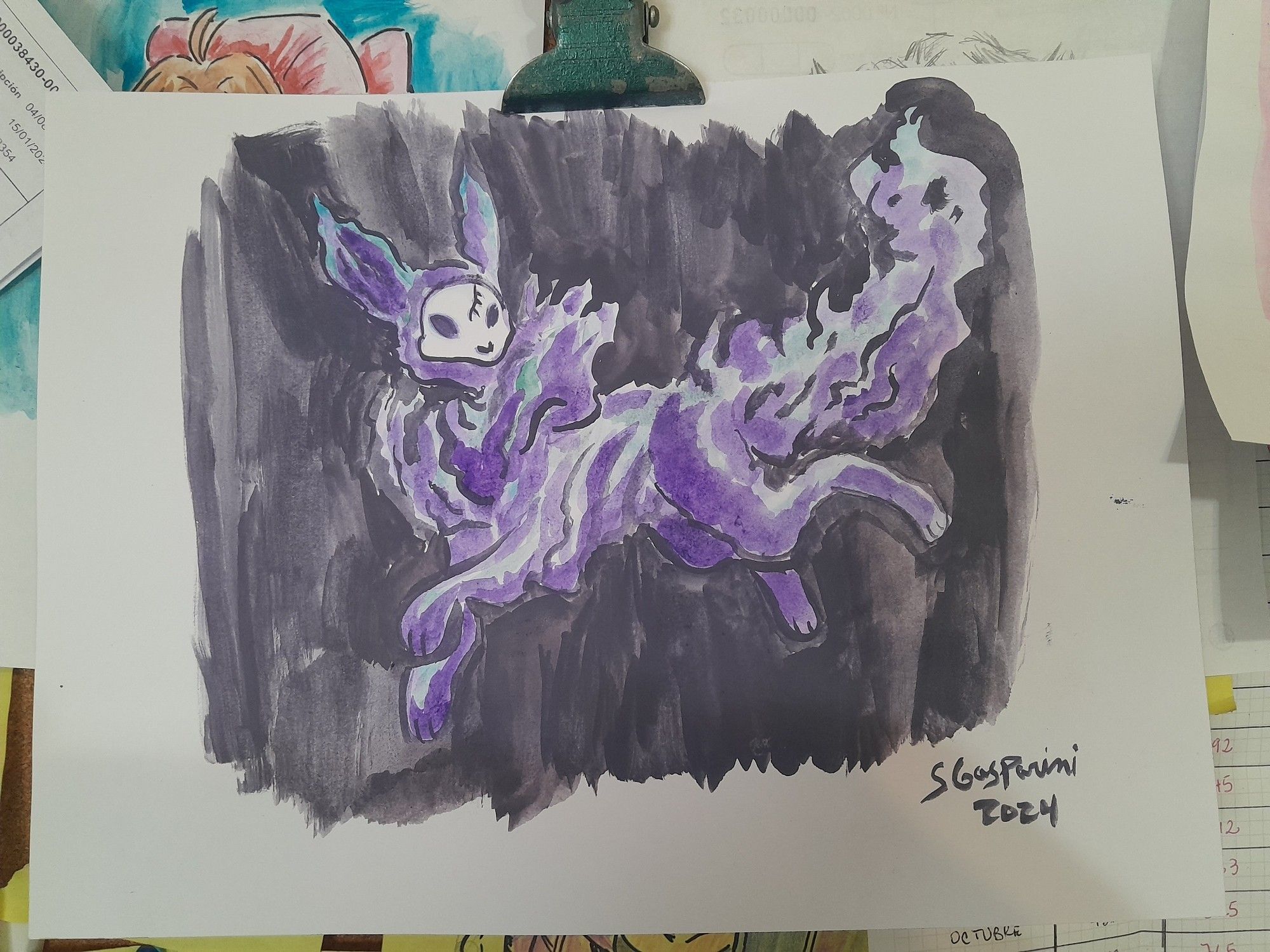 Ghost type eeveelution done in watercolor on shades of purple.the design shows a skull surrounded by a thick ghost body