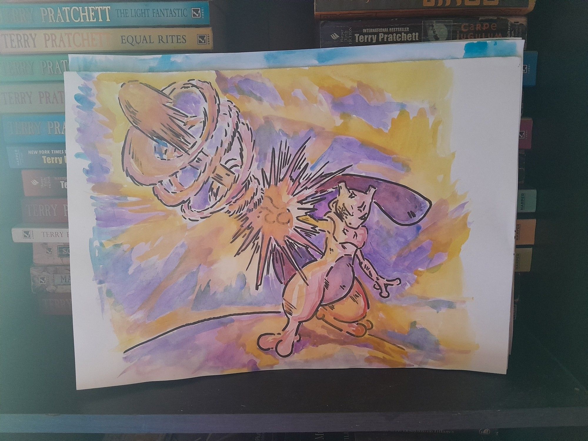 Mewtwo drawn in watercolors and markers on a yellow and purple background using the