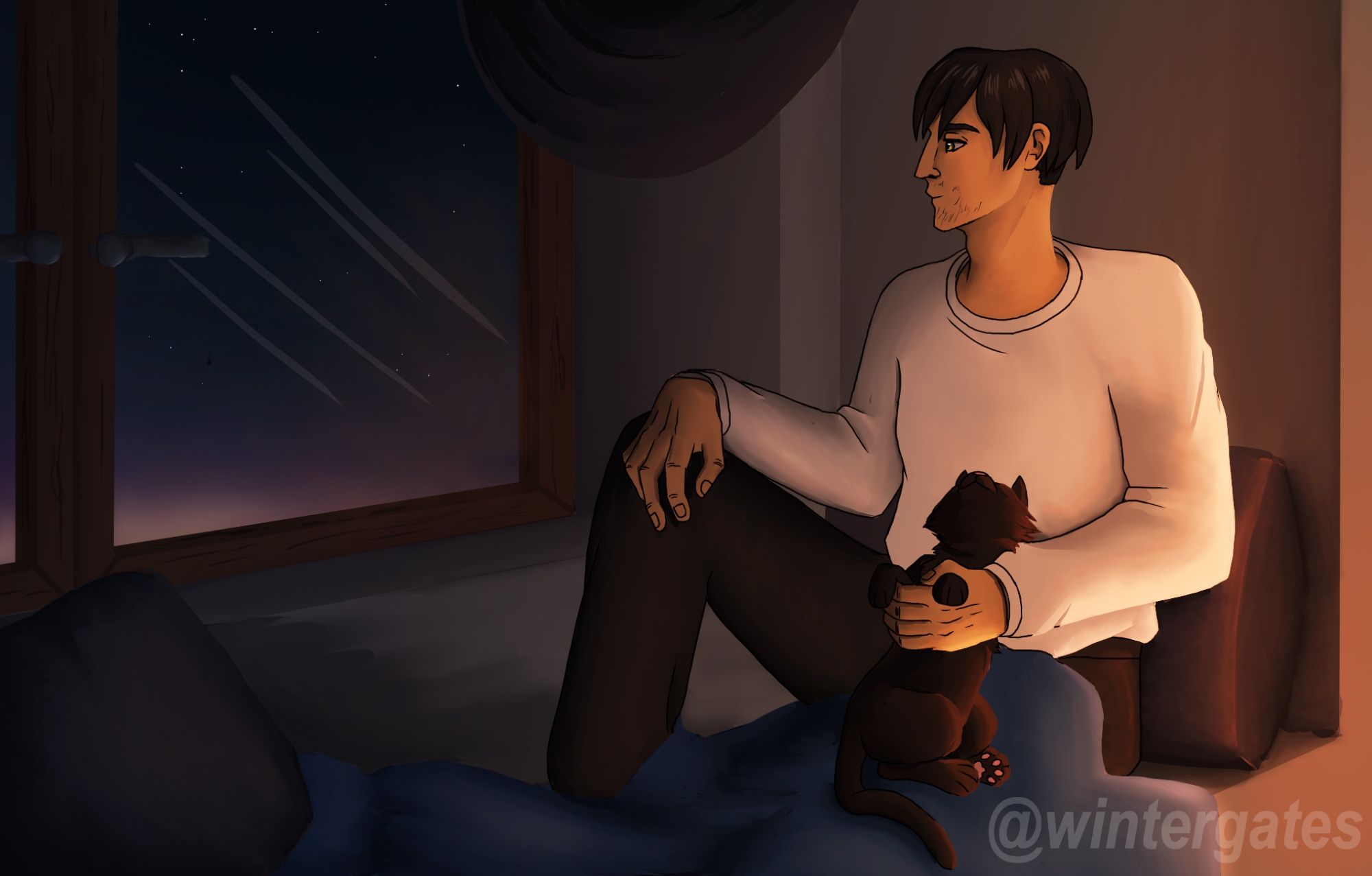 An illustration of a friend's OC Caspian sitting near a window, looking outside at a starry sky, as he leans back on a pillow while holding his cat close.