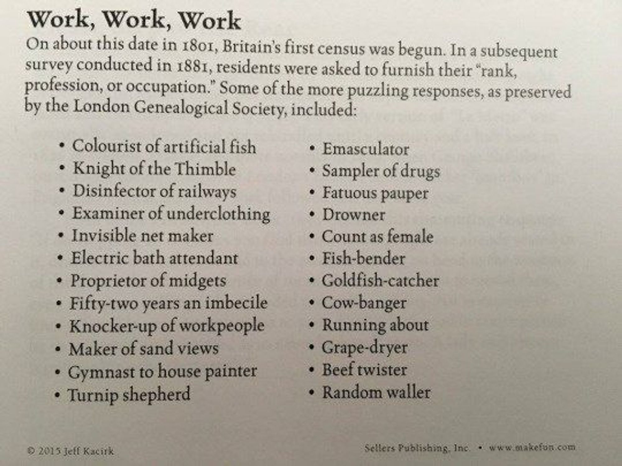 Well I have to say the modern work place and employment potential seems very limited compared with the past...Take your pick...what takes your fancy?
I rather like the idea of Turnip Shepherd or Fatuous Pauper!