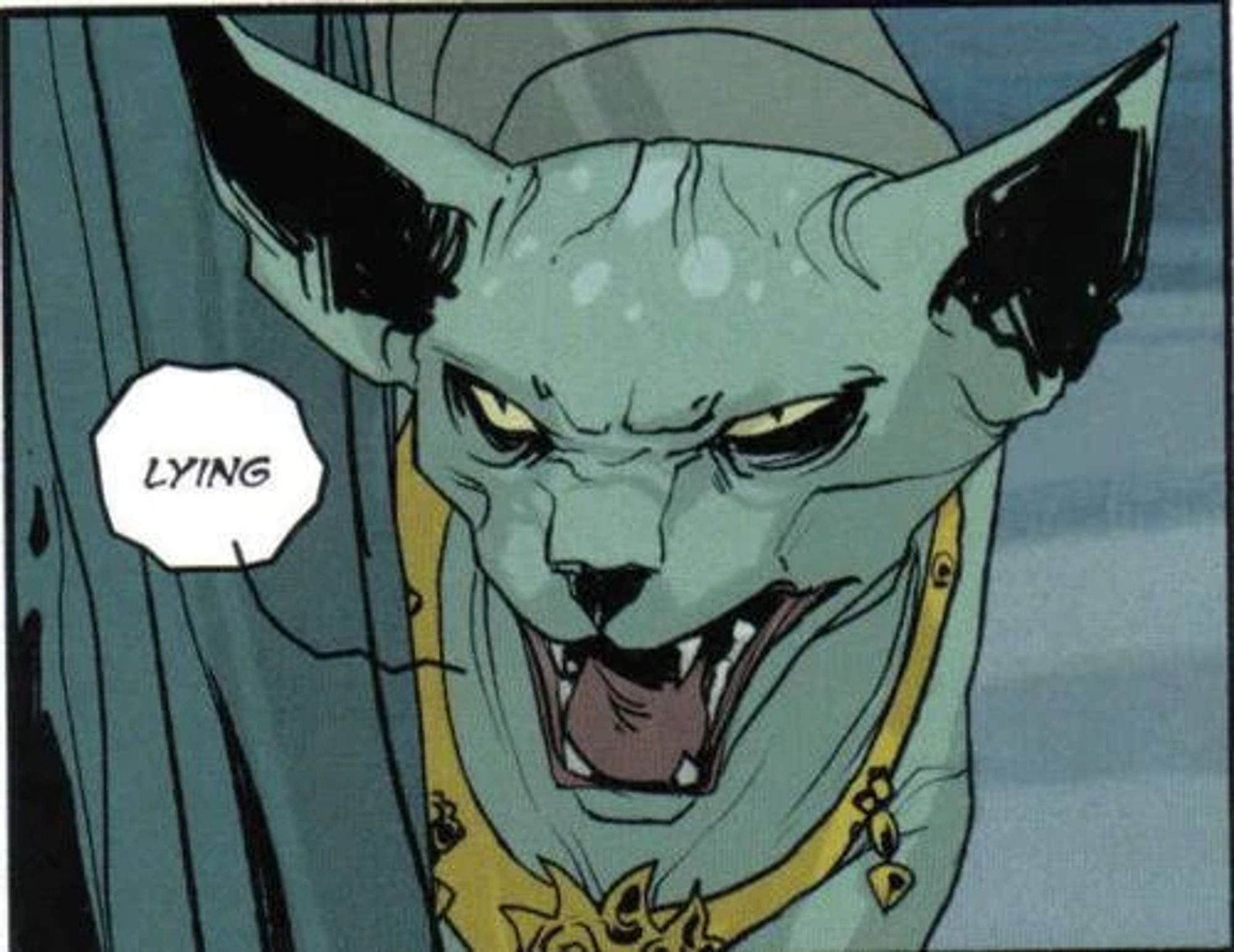 Lying Cat from Saga, saying 'Lying'.