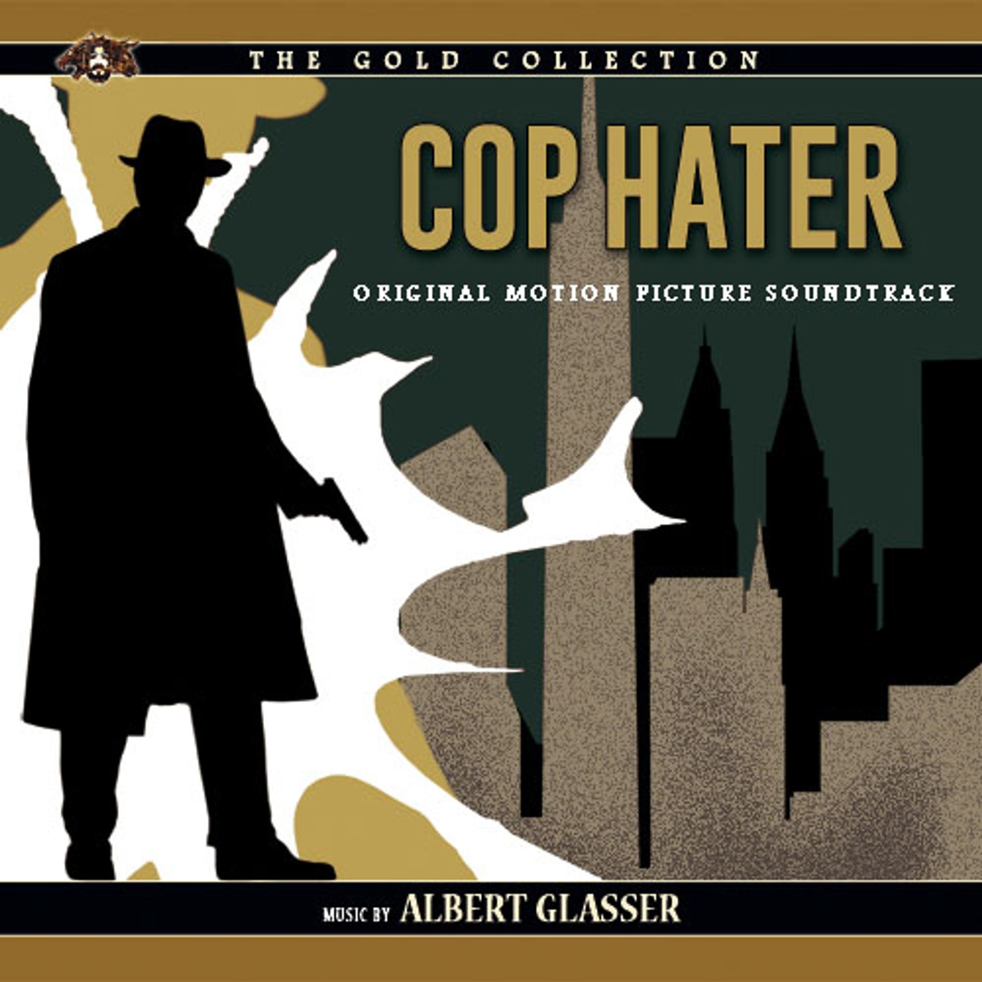 Cover of score to the film  _Cop Hater_ with silhouettes of man in trenchcoat holding a gun and a NYC skyline with the Empire State Building.