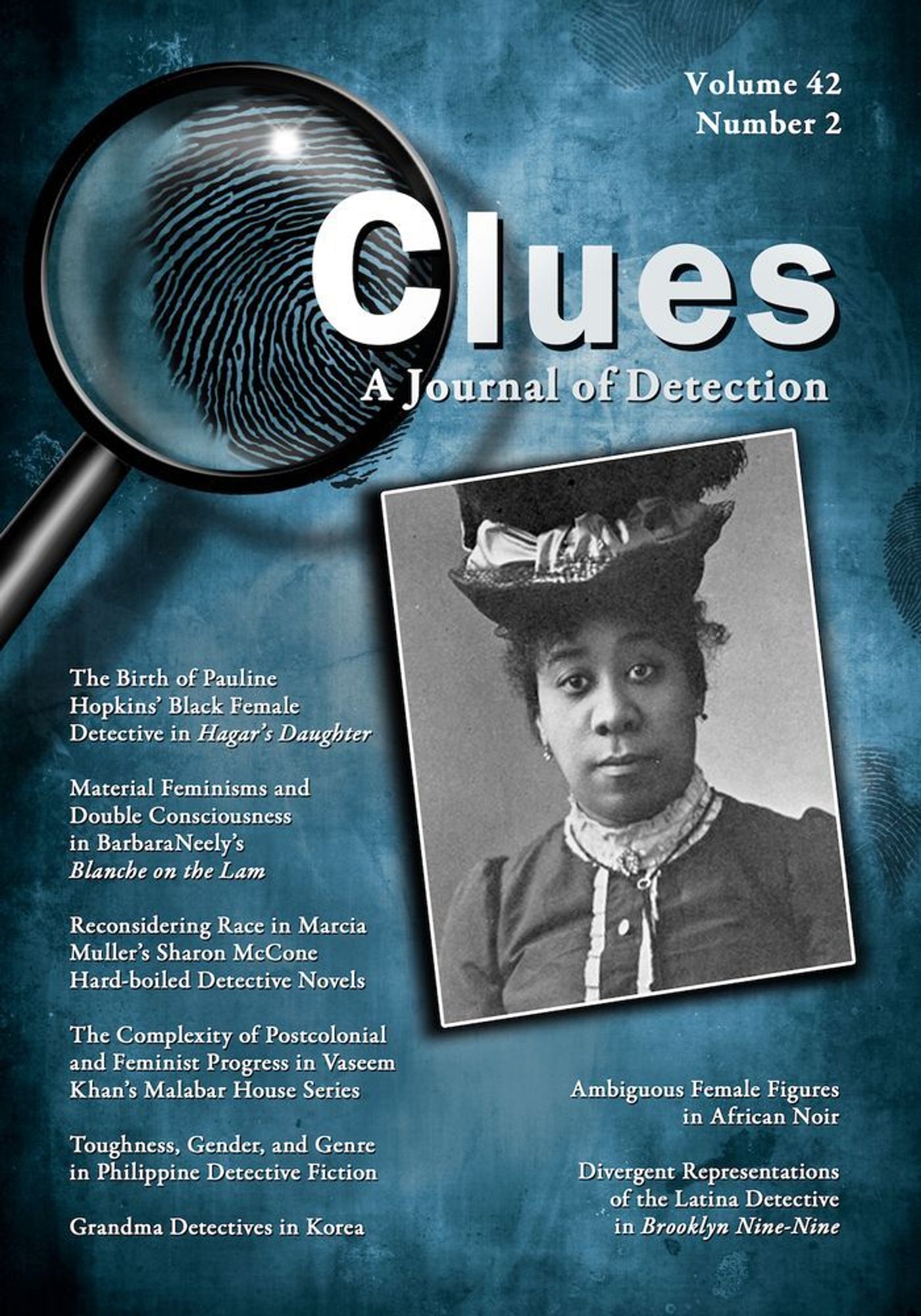 Cover of Clues 42.2 (2024) with 1901 photo of Black author Pauline E. Hopkins wearing a hat