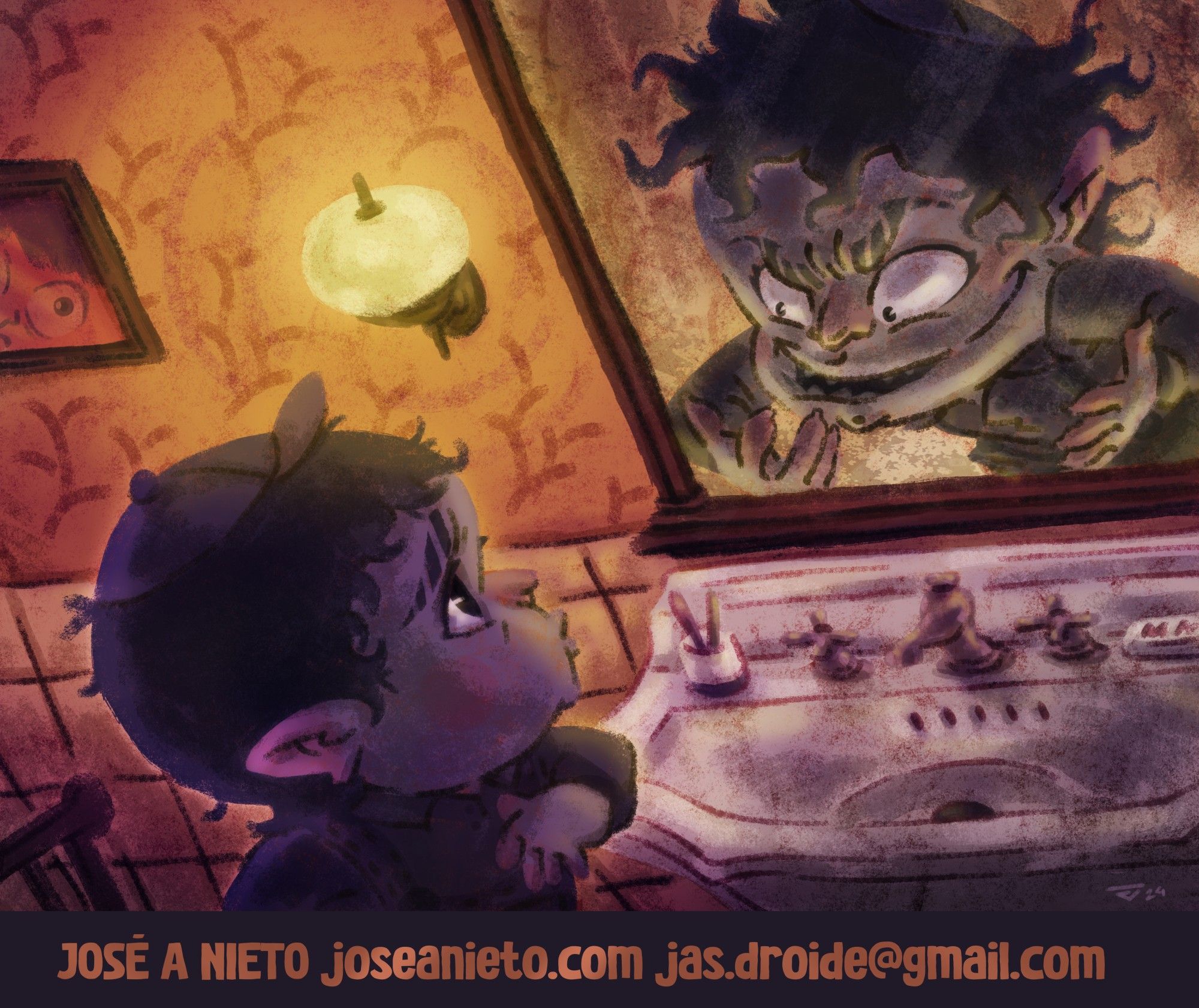 Purple little boy is haunted by an evil reflection of himself in the bathroom.

Fanart of Meatcanyon's original character Melvin Macabre