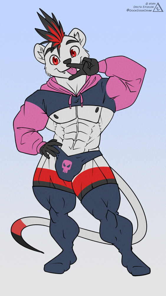 Furry art of my character Delta. He is an anthropomorphic weasel with white, red, and black fur, a big silly mohawk, and a muscular build. He is wearing a meme-based outfit consisting of a crop-top hoodie, a thong with a cartoonish skull, and leggings. It looks silly on him but he is having a good time smiling at the viewer, holding up two fingers in a peace sign in front of his face, and sticking out his tongue in between them.