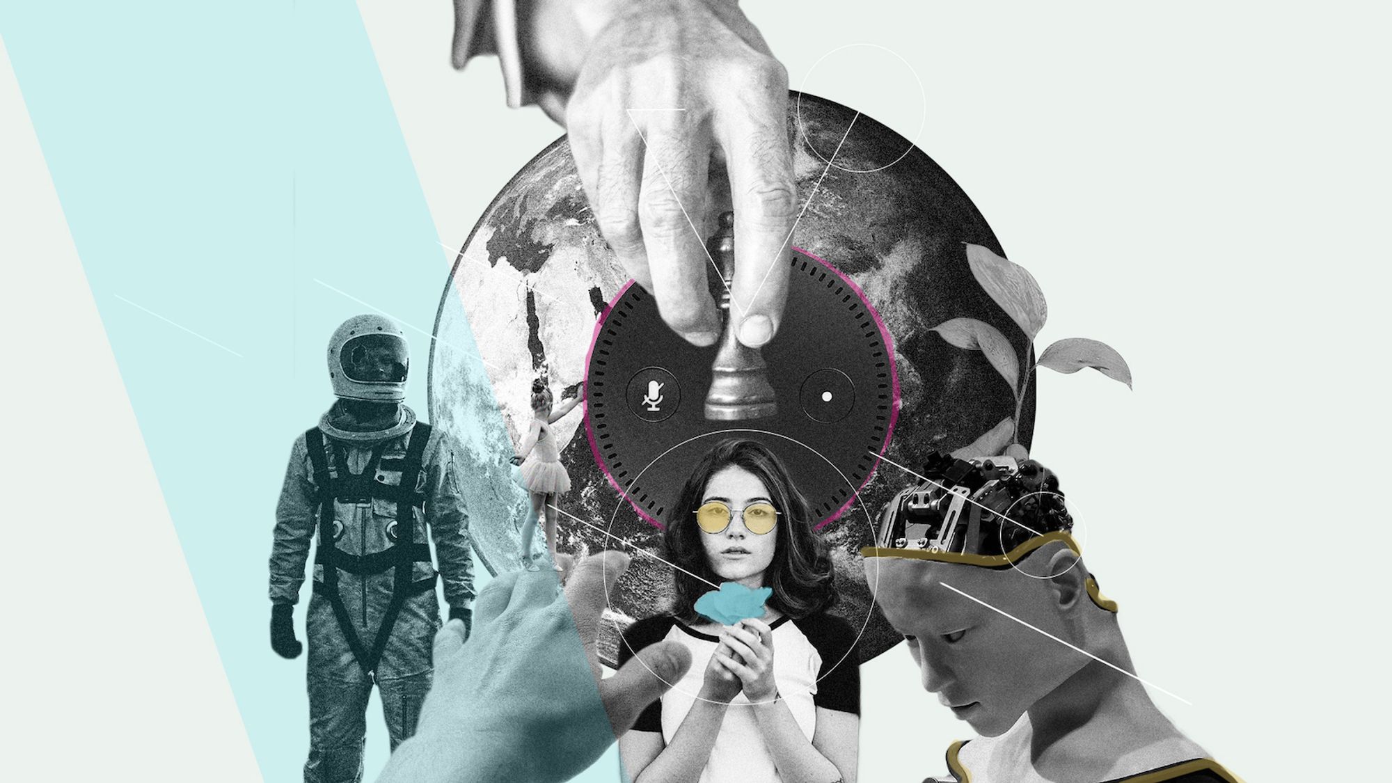 Eine Collage ist zu sehen, auf der eine Frau eine Blumen in der Hand hält. Im Hintergrund ist eine Smartspeaker, ein Astronaut und eine Roboter zu sehen sowie eine Hand die eine Schachfigur in der Hand hält.