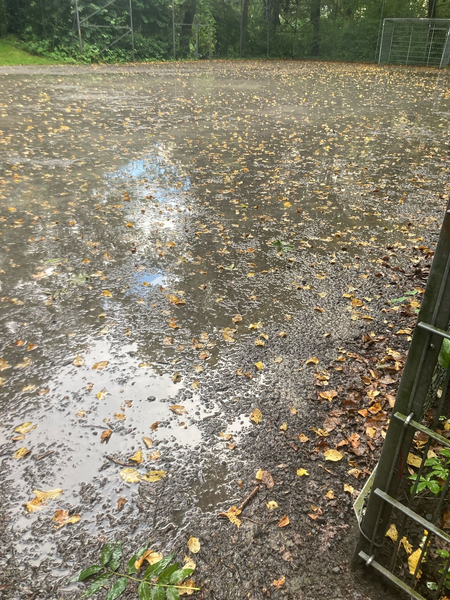 Ein Fussballkäfig mit matschig-nassem boden, Im.Hintergrund ein Tor aus Stahlrohren