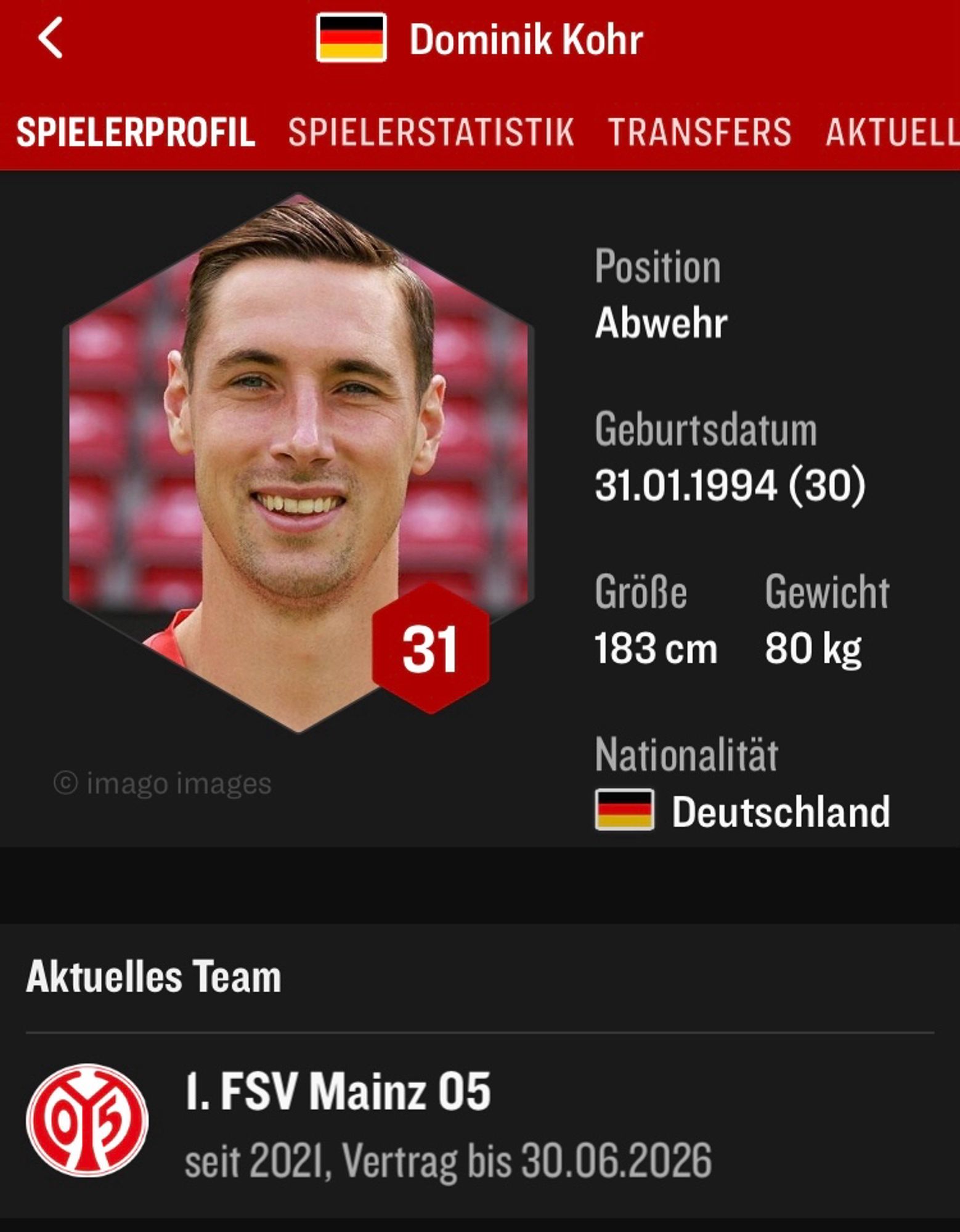 Spielrrprofil aus der Kicker App, zeigend den Mainzer Spieler Dominik Kohr