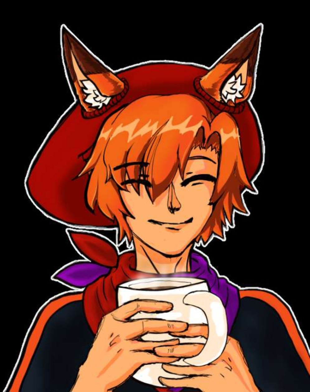 Zenkori the travelling artist fox smiles warmly as he holds a steaming mug with a hot beverage with both hands. He wears a red beret on his head, has orange hair and dark brown-tipped ears, had a dual-toned red and purple scarf split down the middle in a zigzag, and a black t-shirt with an orange vertical stripe down the sides of each sleeve.