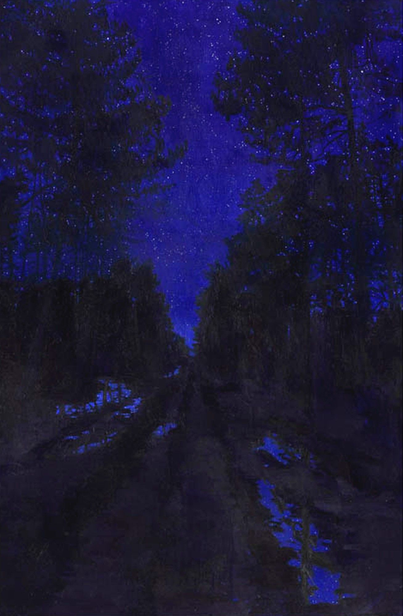 Ultramarine and indigo dance in the woods at night.