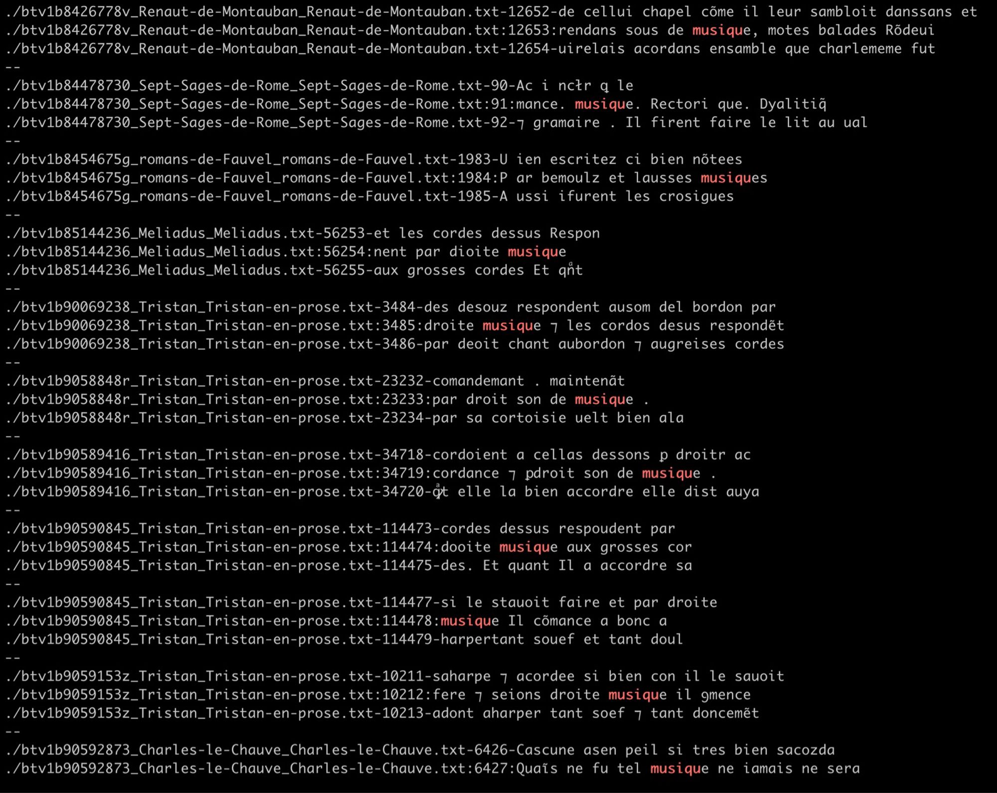 Screenshot of a computer terminal showing the results of a “grep” command that finds lines in a bunch of text files that have the word “musiqu” (music)