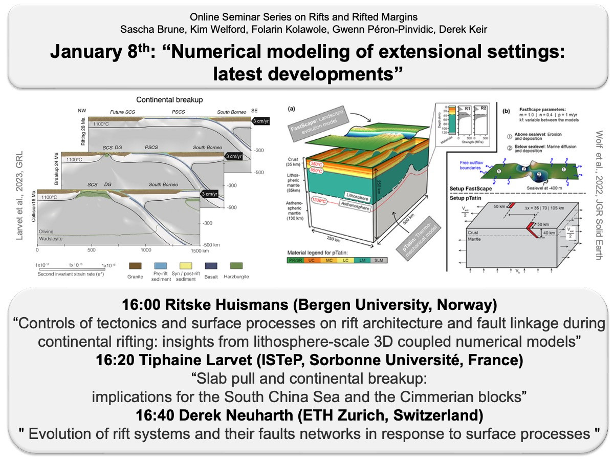 January 8th: “Numerical modeling of extensional settings: latest developments”

16:00 Ritske Huismans (Bergen University, Norway) 
“Controls of tectonics and surface processes on rift architecture and fault linkage during continental rifting: insights from lithosphere-scale 3D coupled numerical models” 

16:20 Tiphaine Larvet (ISTeP, Sorbonne Université, France) 
“Slab pull and continental breakup: 
implications for the South China Sea and the Cimmerian blocks”

16:40 Derek Neuharth (ETH Zurich, Switzerland) 
" Evolution of rift systems and their faults networks in response to surface processes "