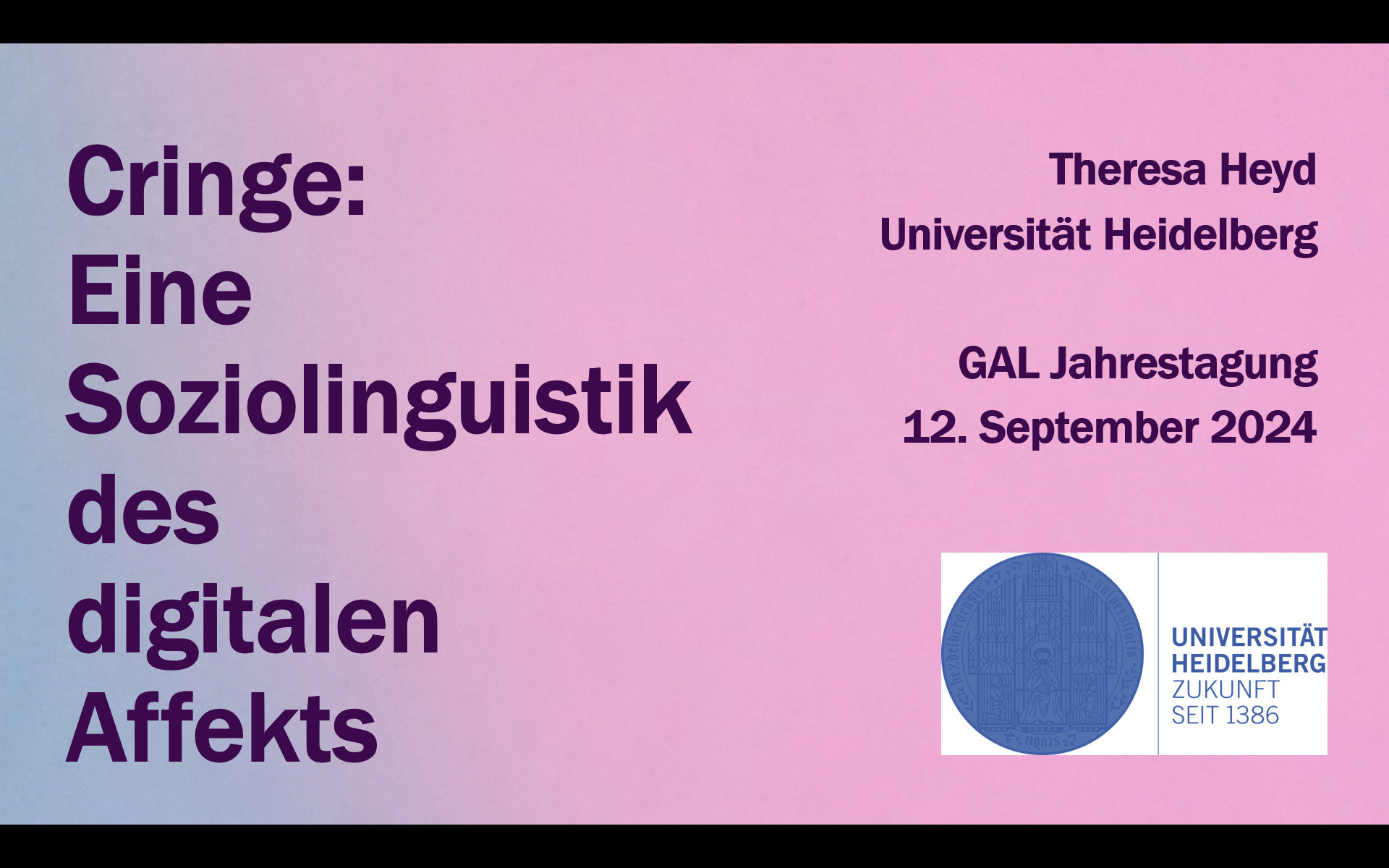 Folie in blau und rosa: 
Cringe: Eine Soziolinguistik des digitalen Affekts
Theresa Heyd
Universität Heidelberg

GAL Jahrestagung
12. September 2024