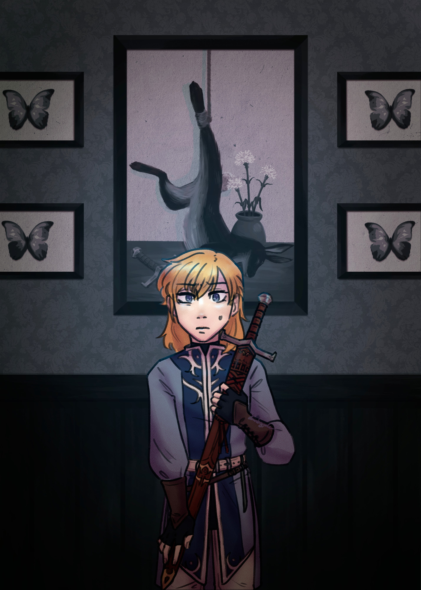 a younger leonardo clutching a sword in its scabbard, lit harshly from overhead. he's standing in front of a still life of a dead rabbit next to a flower vase and a sword, tied up by the leg. the still life is surrounded by four framed butterfly taxidermies.