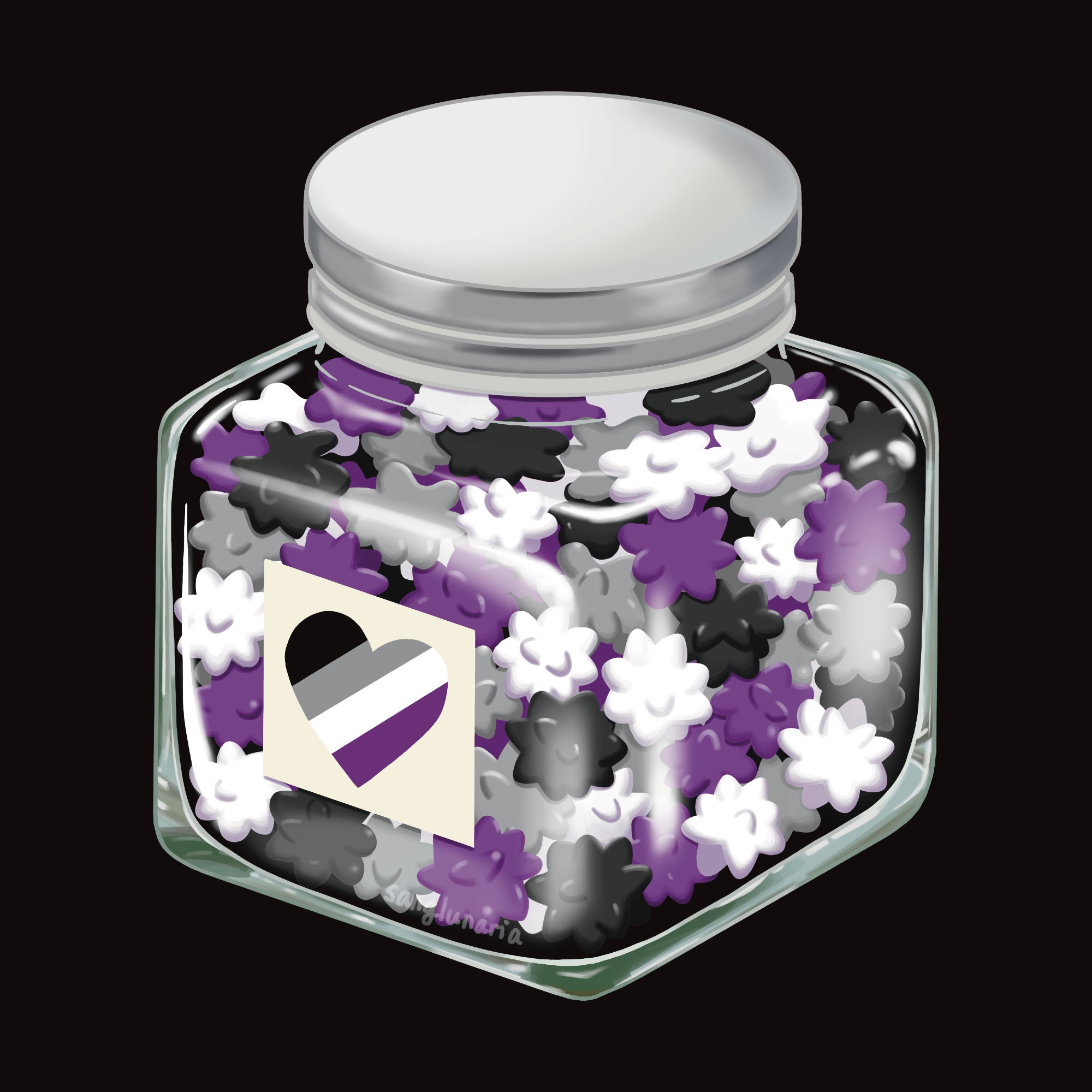 Jar of Japanese konpeito candy in the colors of the asexual pride flag