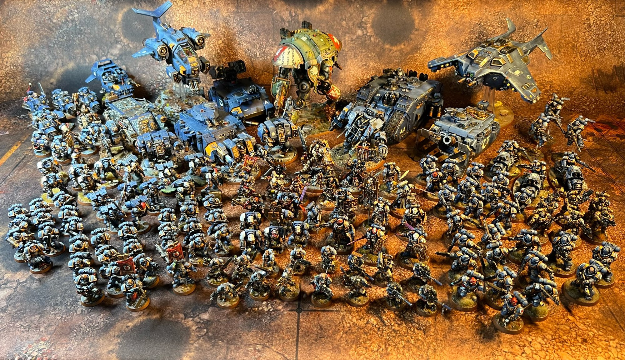 Space Marines of the Macragge variety… about 140 including some Imperial Agents and a Knight…models from 5 different decades includes and arthritic Deredeo Dreadnought