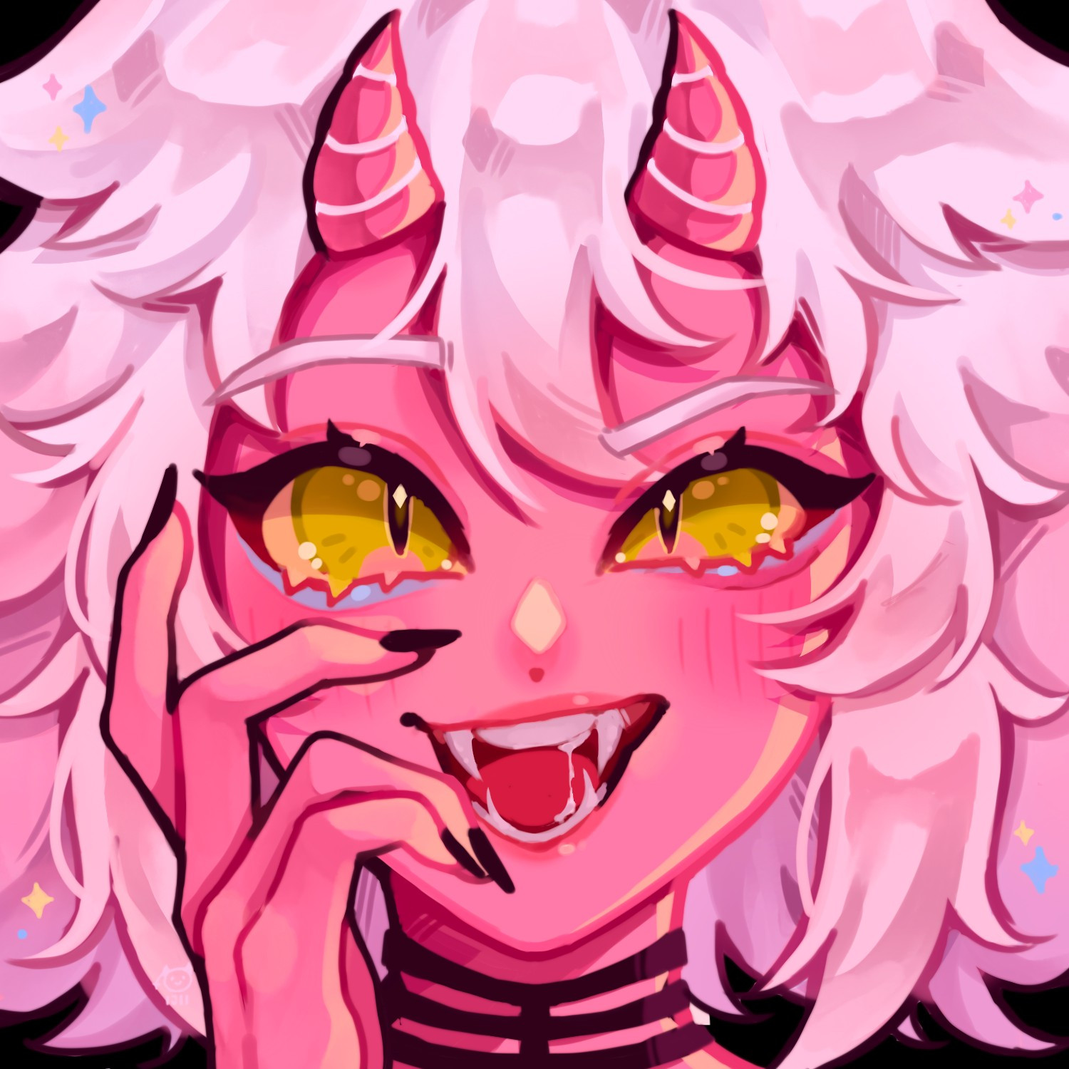 pink girl demon with smily face and one hand holding her face