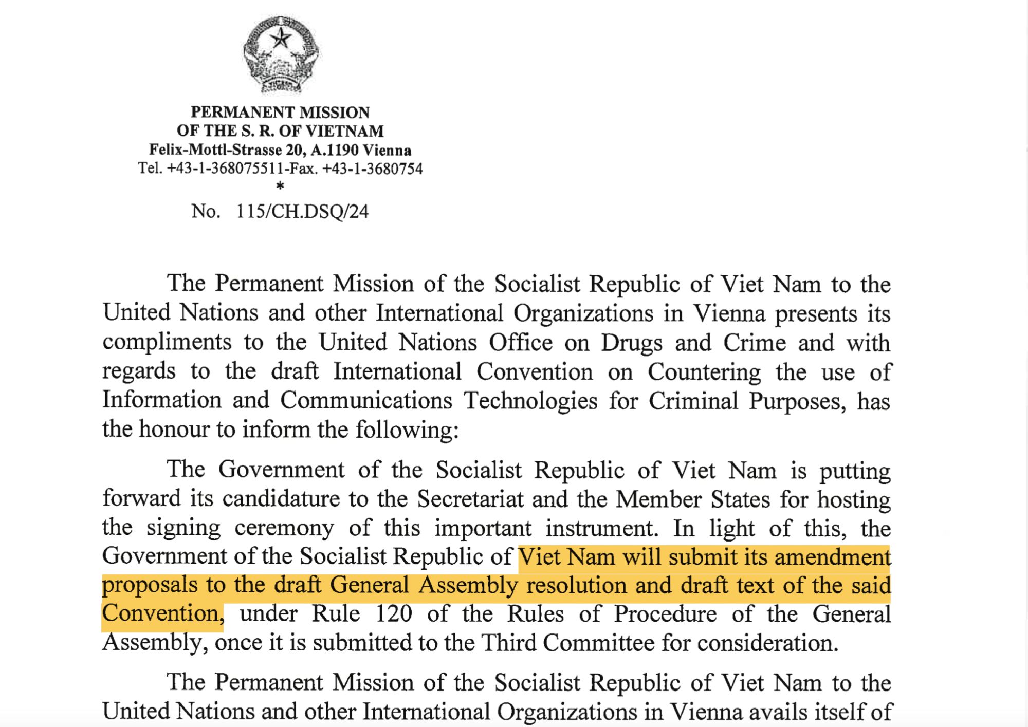 Note Verbal from the Govt of Vietnam to the UN Office on Drugs and Crime