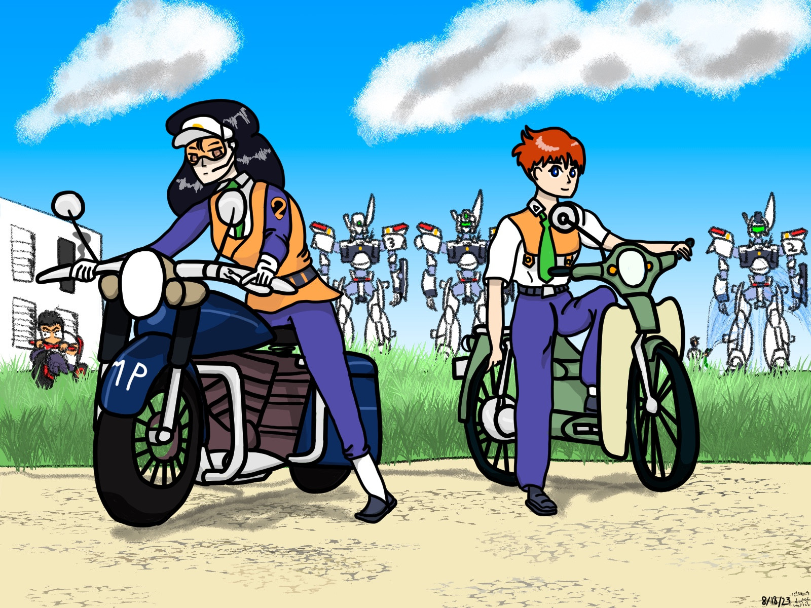 kanuka clancy and noa izumi on bikes from patlabor :3