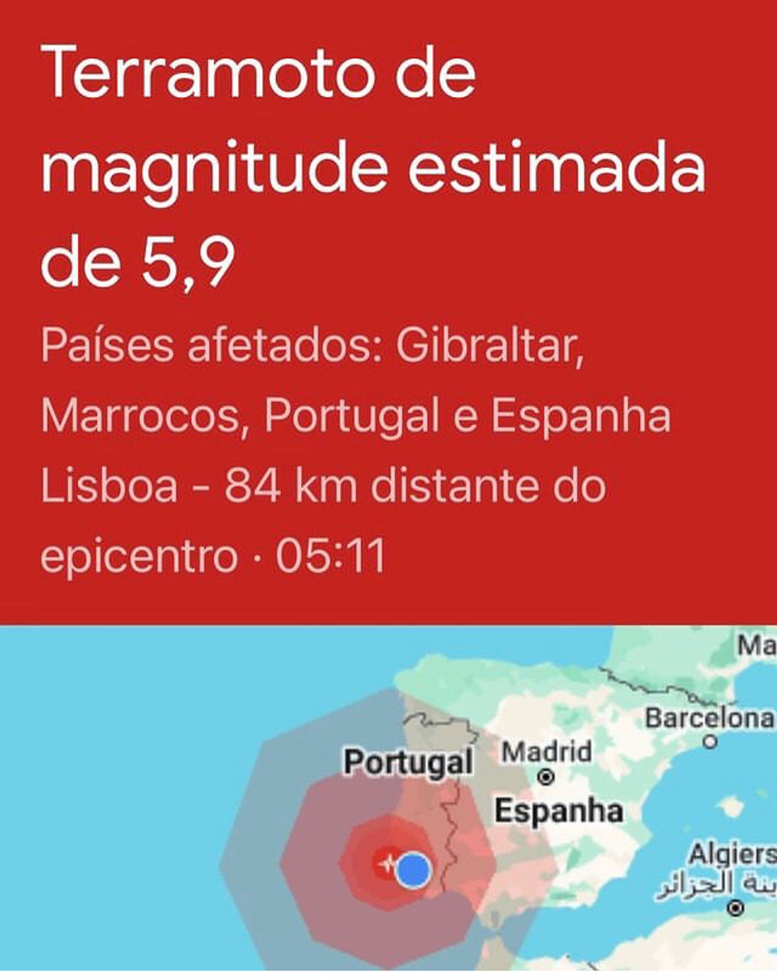 Landkarte d iberischen Halbinsel mit dem Punkt des Epizentrums vor der Küste Portugals . Richterskala 5,9 um 5:11h , betroffene Gebiete: Marokko, Portugal, Lissabon, Spanien