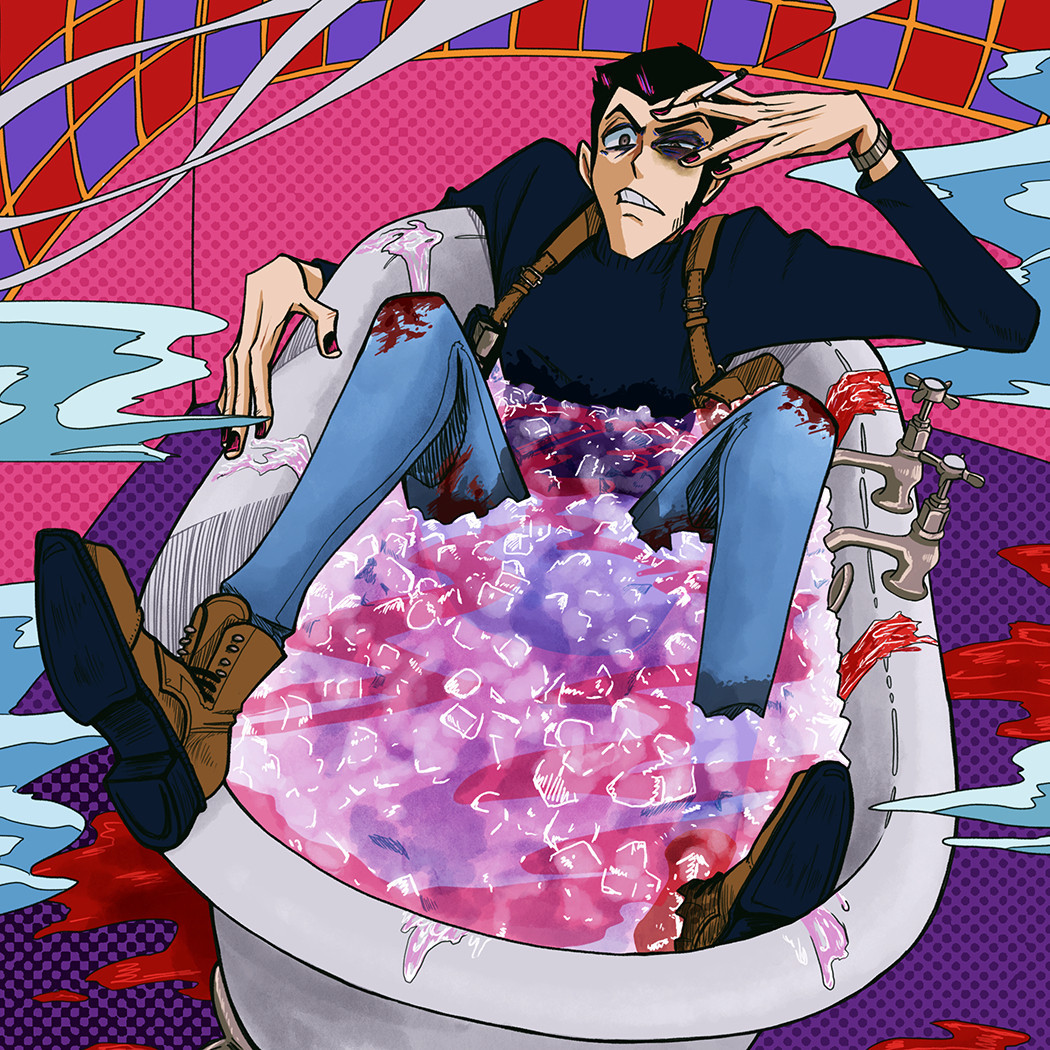 image of lupin the third sitting in an ice bath looking pretty annoyed. he's in rough shape, with a black eye and blood oozing through his jeans, and the water under the ice pink with blood. the bright colors are eye-poppingly jarring in this picture