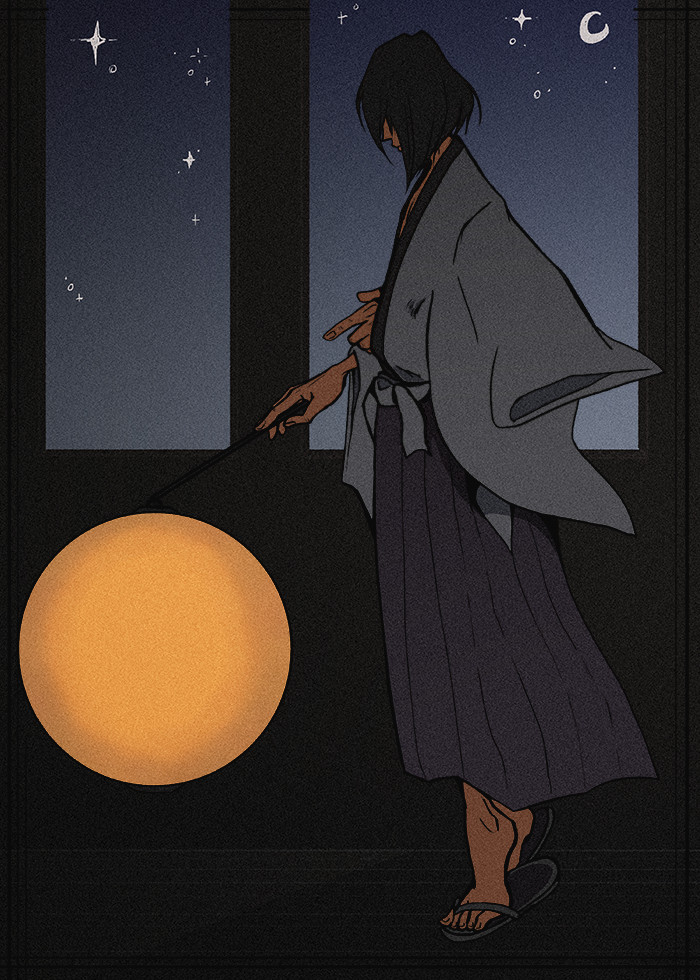 image of goemon ishikawa the thirteenth holding a big yellow circular paper lantern. he is posed as though he is floating. the muted, simplistic background has a window that looks out onto stars and a moon