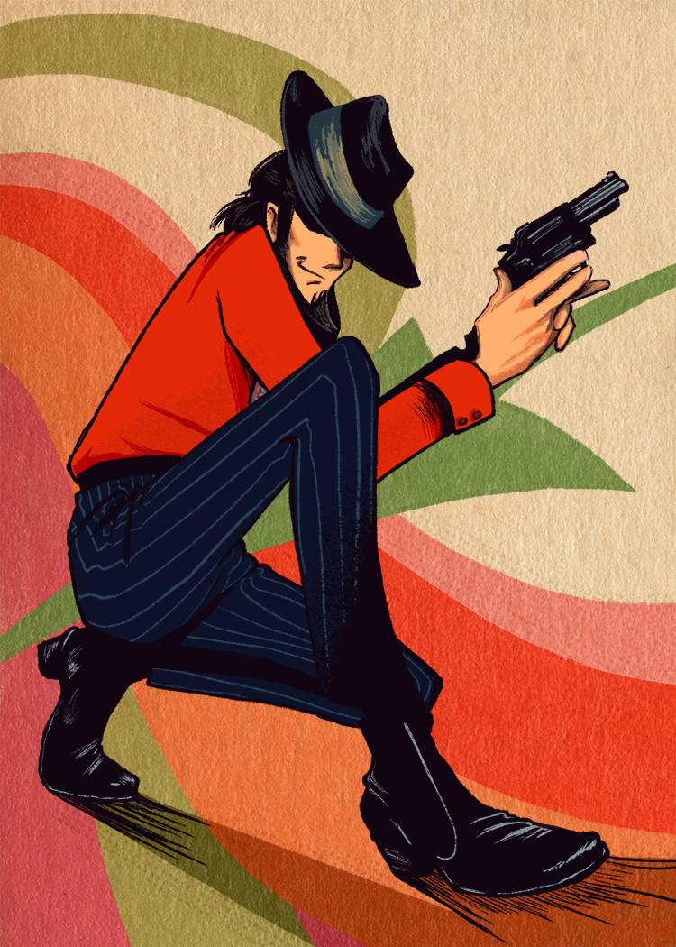 image of daisuke jigen posed like a 70s action babe and holding a gun. he's wearing pinstripe pants, shiny black leather chelsea boots, and a red shirt. the background is groovy 70s vintage swirls.