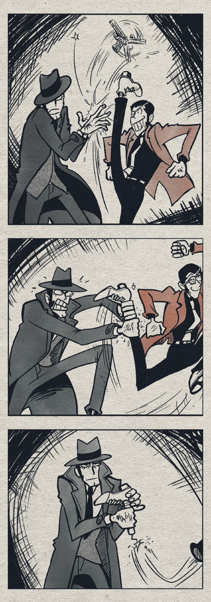 three panel goofy-ass gag comic of lupin the third kicking a gun out of zenigata's hands, zenigata grabbing his ankle in a rage as lupin mario-jumps away, and lupin tugging his leg free to leave zenigata staring into the camera office-style and holding a stick of dynamite attached to lupin's shoe.