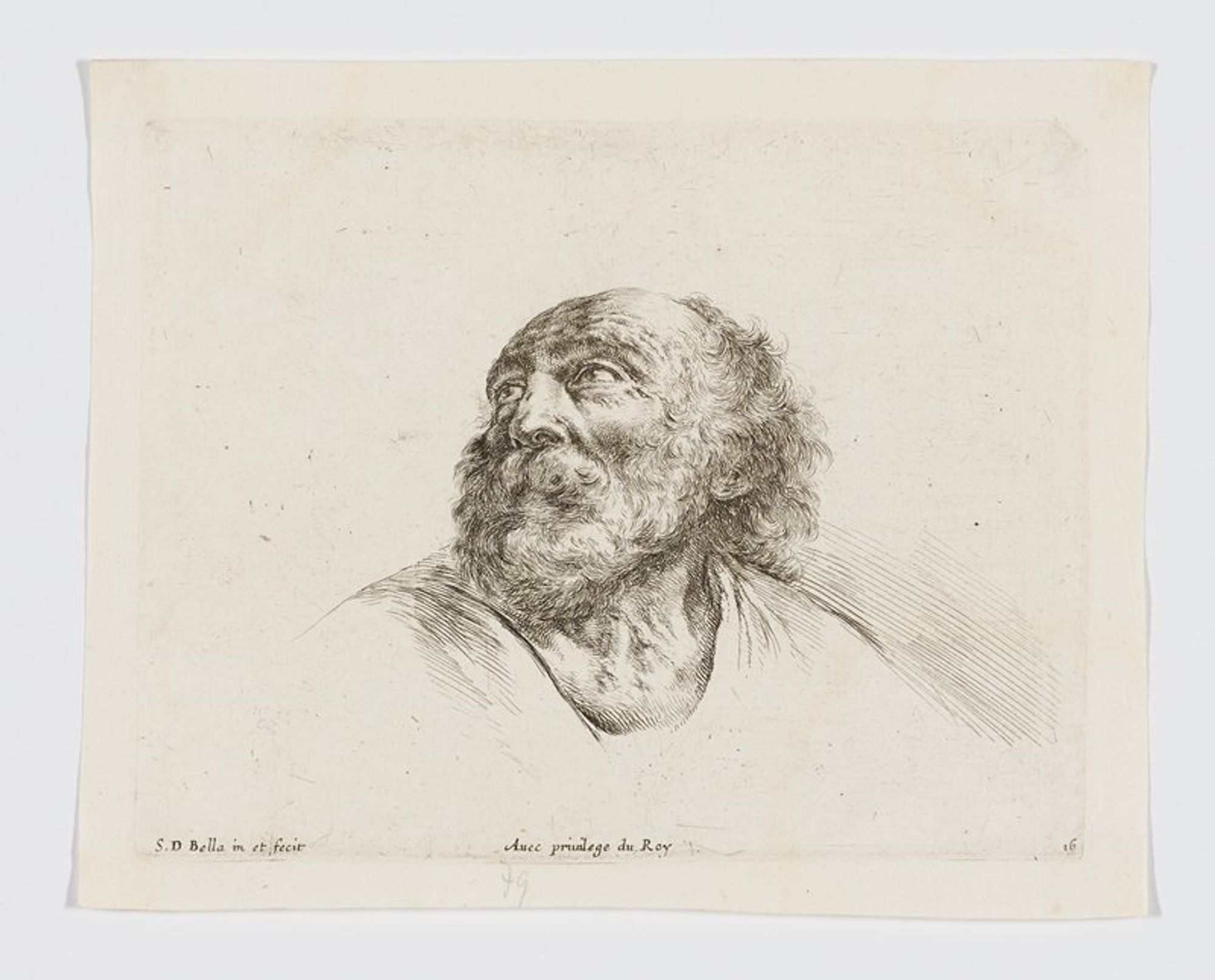 head of an old man with bushy white beard, looking up toward PR
The accomplished Florentine etcher and draftsman Stefano della Bella produced this drawing manual in France, where he spent over a decade of his career. The book, now disassembled, comprised 25 etchings and was published by della Bella’s principal French publisher Pierre Mariette. Drawing manuals were common teaching tools for artists and amateurs learning to draw in the 16th and 17th centuries. It is a kind of pattern book for the aspiring draftsmen to copy, with concise prints depicting body parts—ears, eyes, hands, feet—and a range of head studies and figure types—children, adolescents, young women, old soldiers and saints—which provide models for students seeking to master the representation of the human body.