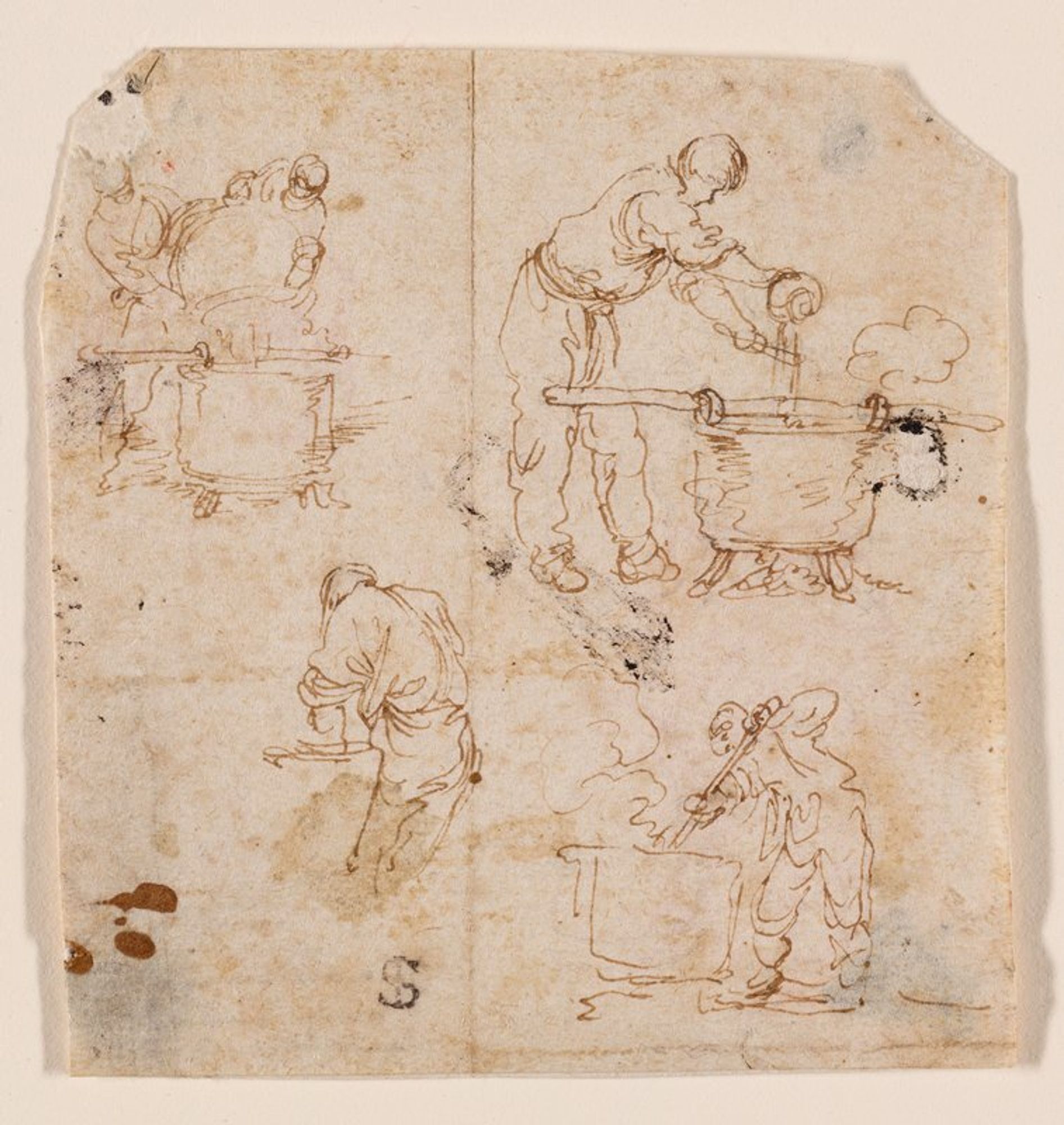 four tiny sketches; clockwise from ULC: two men pouring from one large vessel into another, man pouring from a small vessel into a large one while pouring over a utensil, man stirring a large vessel, man seen from back slightly bent over with PL hand in a vessel