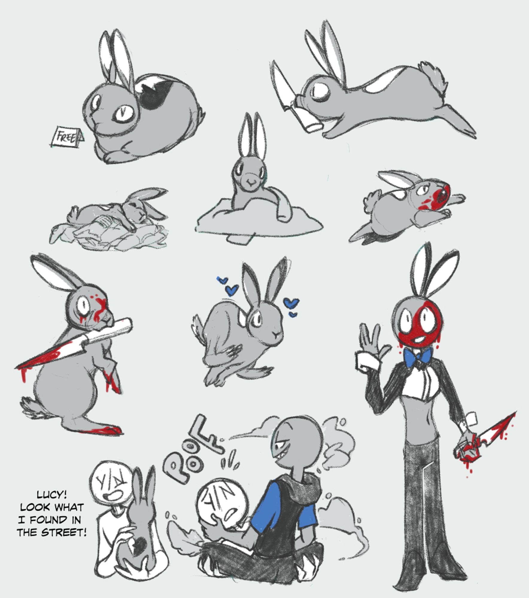 Various doodles of YB from Your Boyfriend Game as a rabbit. 