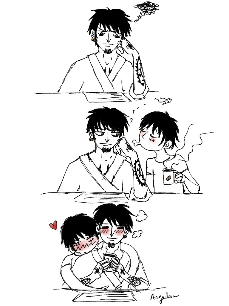 Busy, grumpy Law comic strip. Luffy brings him a cup of coffee and gives him a kiss and a hug, and immediately Law feels better. 