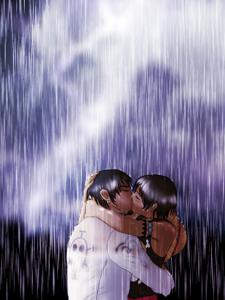 Law and Luffy kissing under the rain