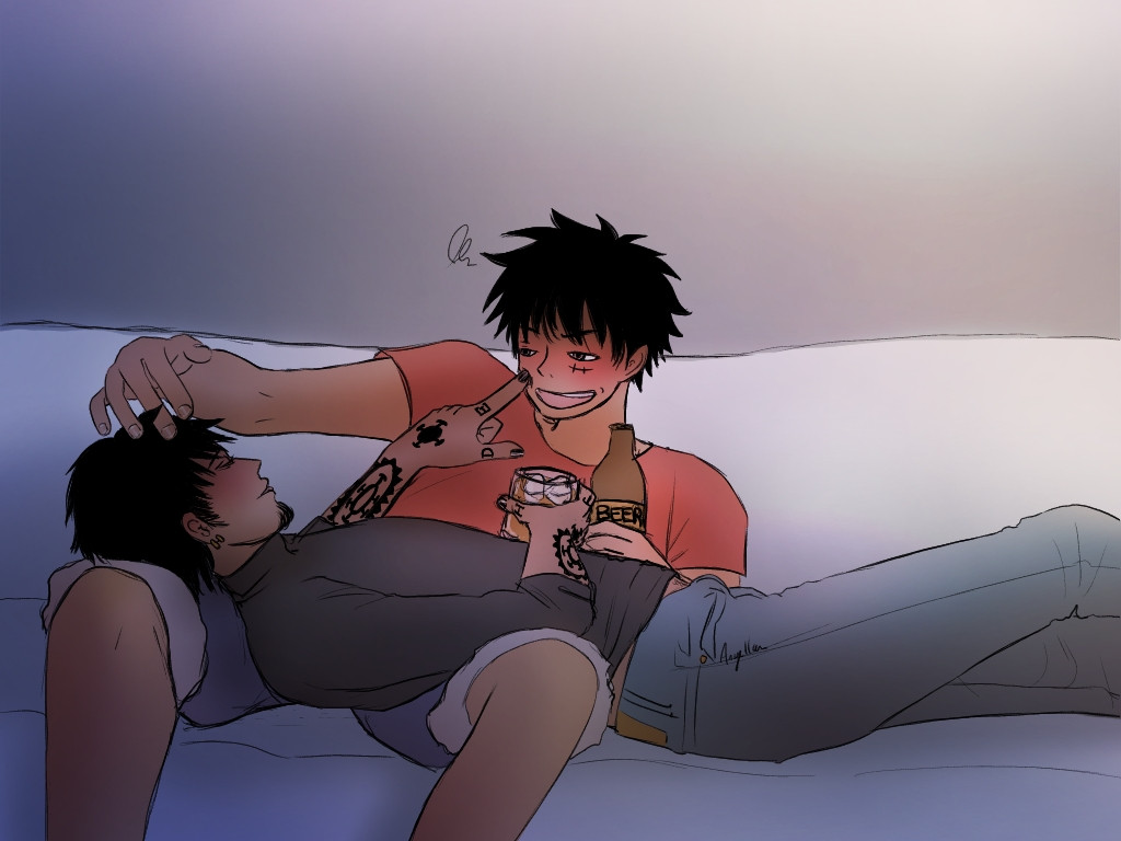 Law is lying on Luffy's lap. They're both drinking alcohol, a beer for Luffy, a glass of Bourbon for Law. Luffy is visibly drunk and strokes Law's hair. Law is also under the influence of alcohol and shows his affection by gently touching Luffy's cheek with the tip of his finger. 